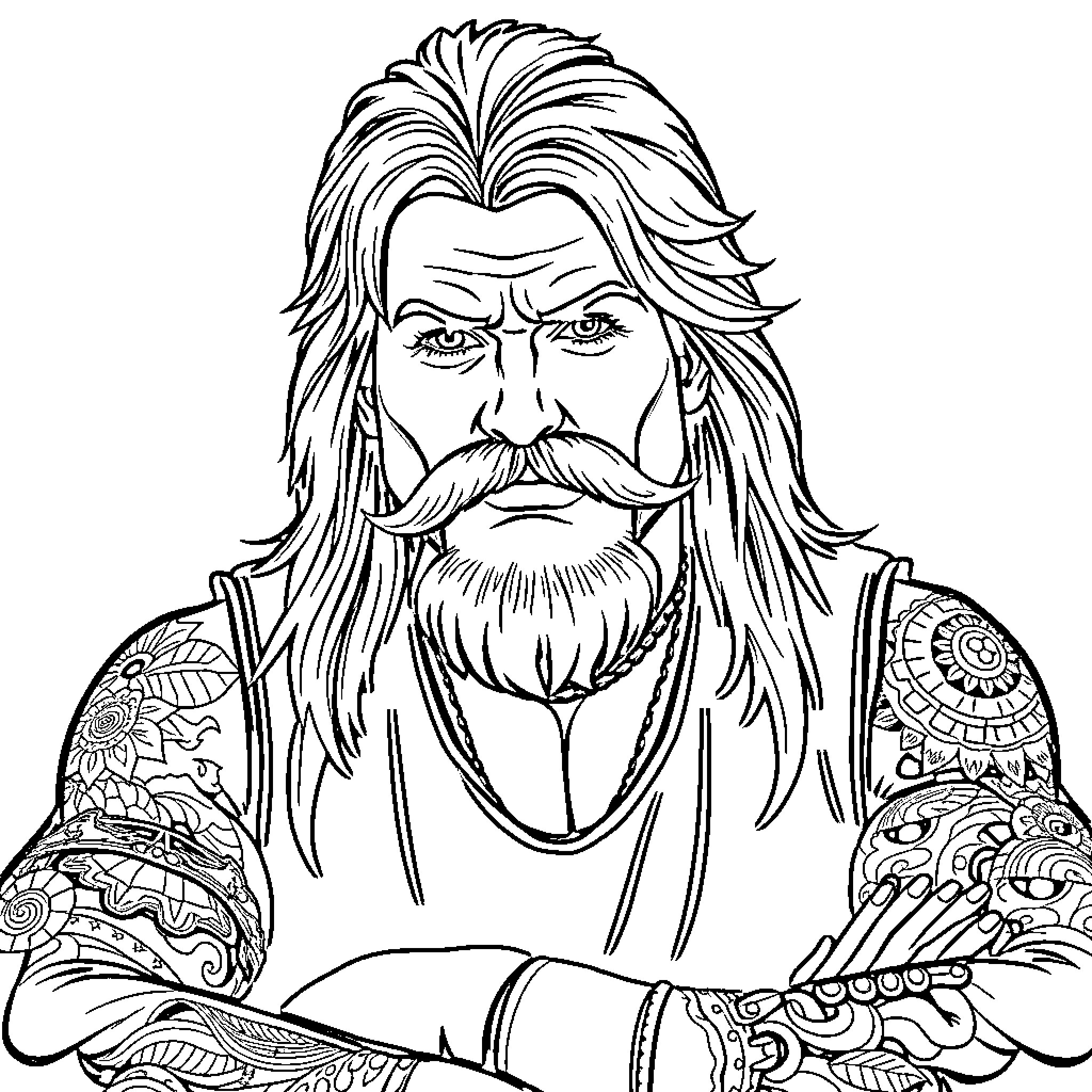 Wrestler with Intricate Tattoos and Beard Coloring Page (free black-and-white line drawing printable PDF for all, from beginners to advanced learners, including children, teens, adults, and seniors)