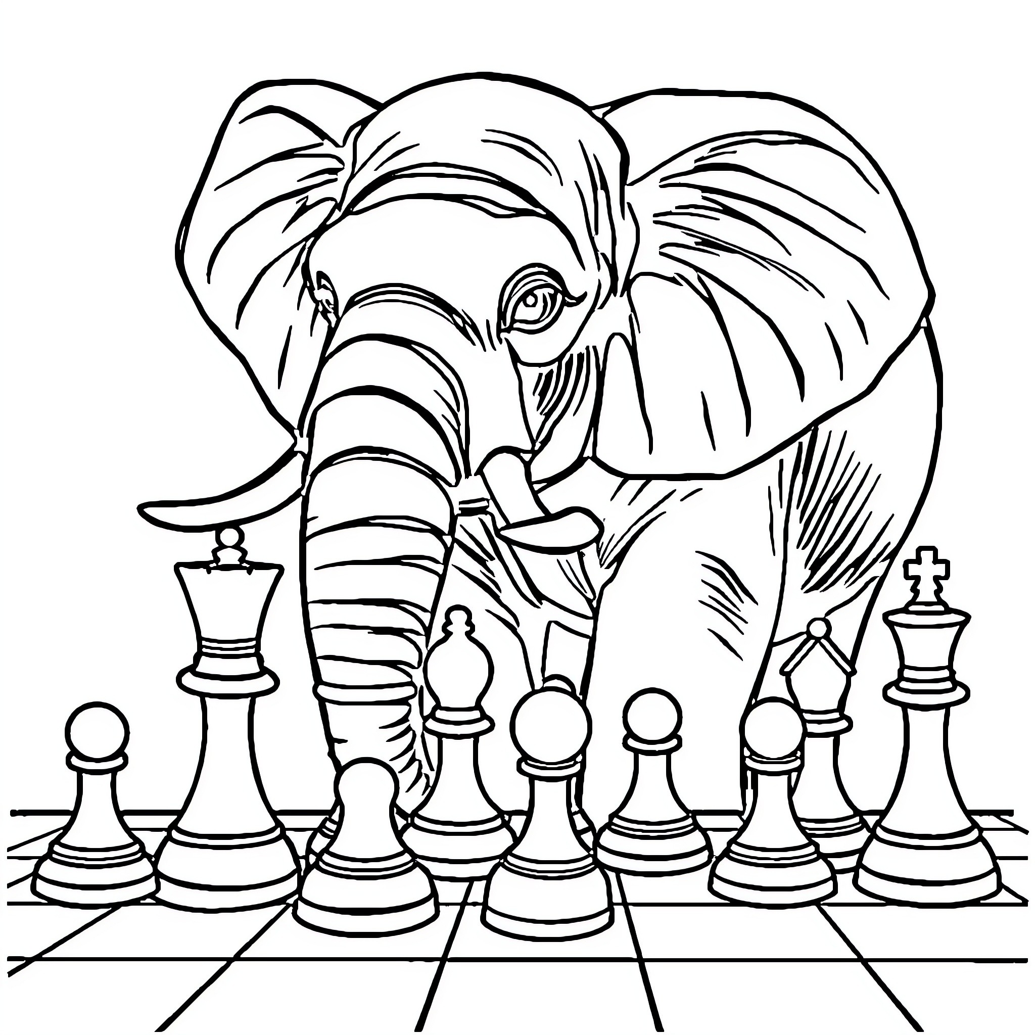 Elephant strategizing on a chessboard Coloring Page (free black-and-white line drawing printable PDF for all, from beginners to advanced learners, including children, teens, adults, and seniors)