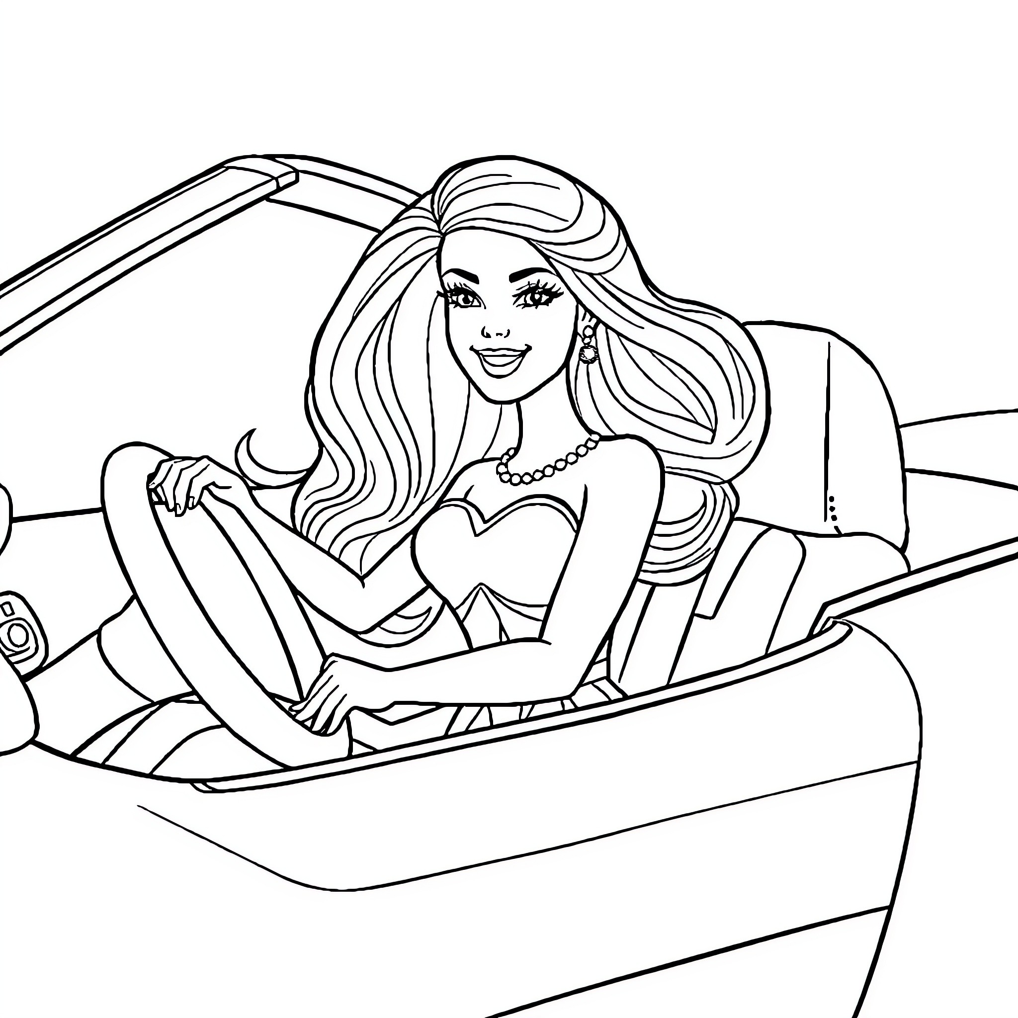 Barbie driving in a stylish convertible Coloring Page (free black-and-white line drawing printable PDF for all, from beginners to advanced learners, including children, teens, adults, and seniors)