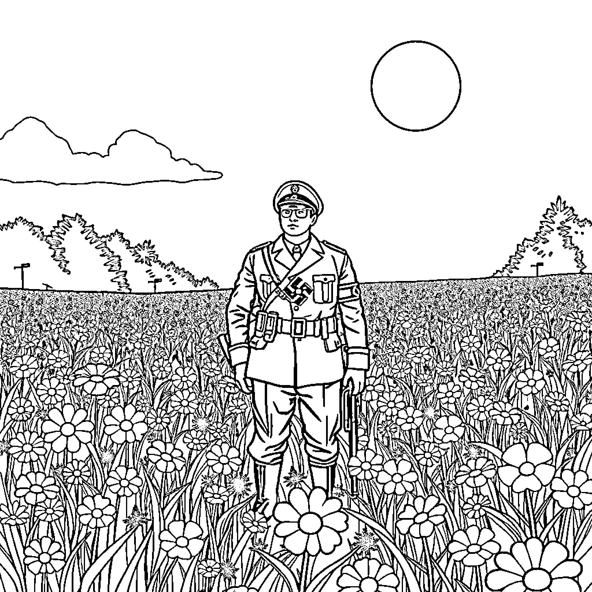 Soldier standing amidst a floral meadow Coloring Page (free black-and-white line drawing printable PDF for all, from beginners to advanced learners, including children, teens, adults, and seniors)