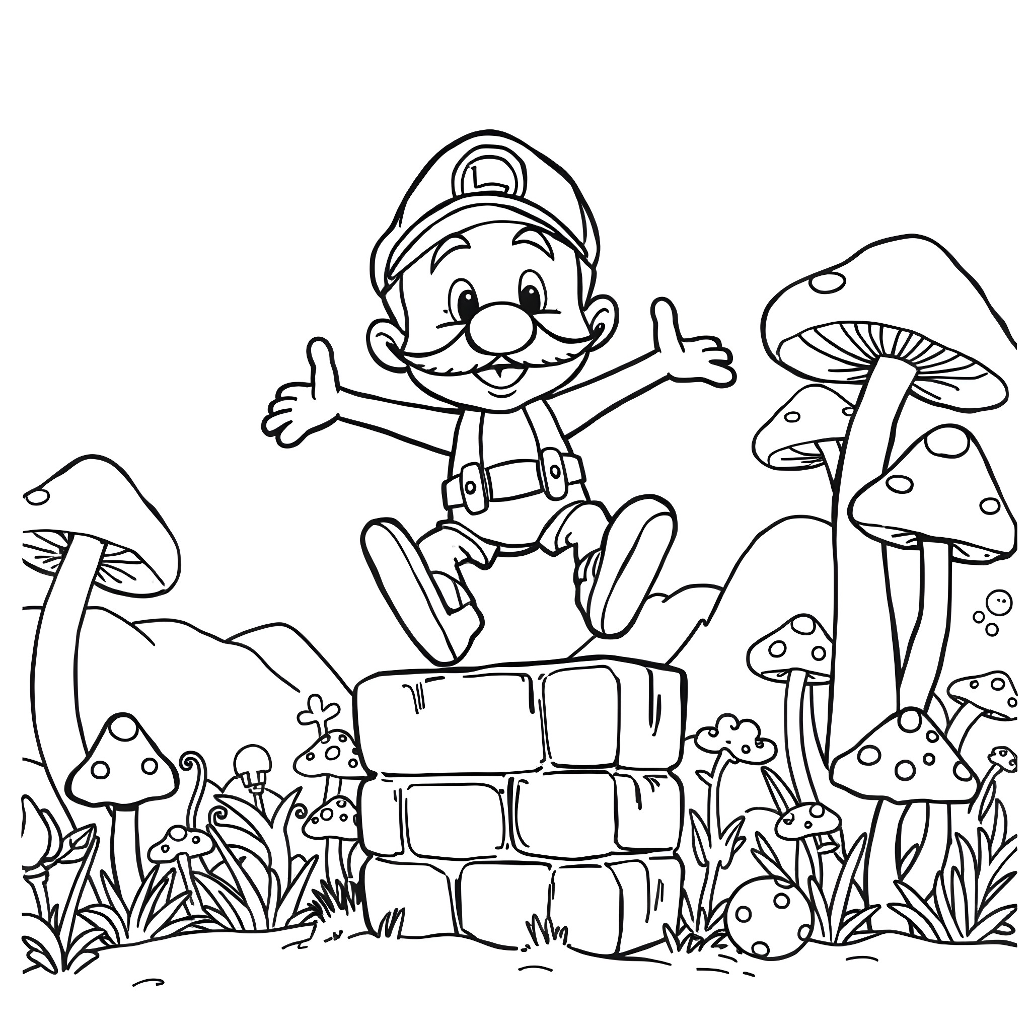 Super Mario exploring a magical mushroom forest Coloring Page (free black-and-white line drawing printable PDF for all, from beginners to advanced learners, including children, teens, adults, and seniors)