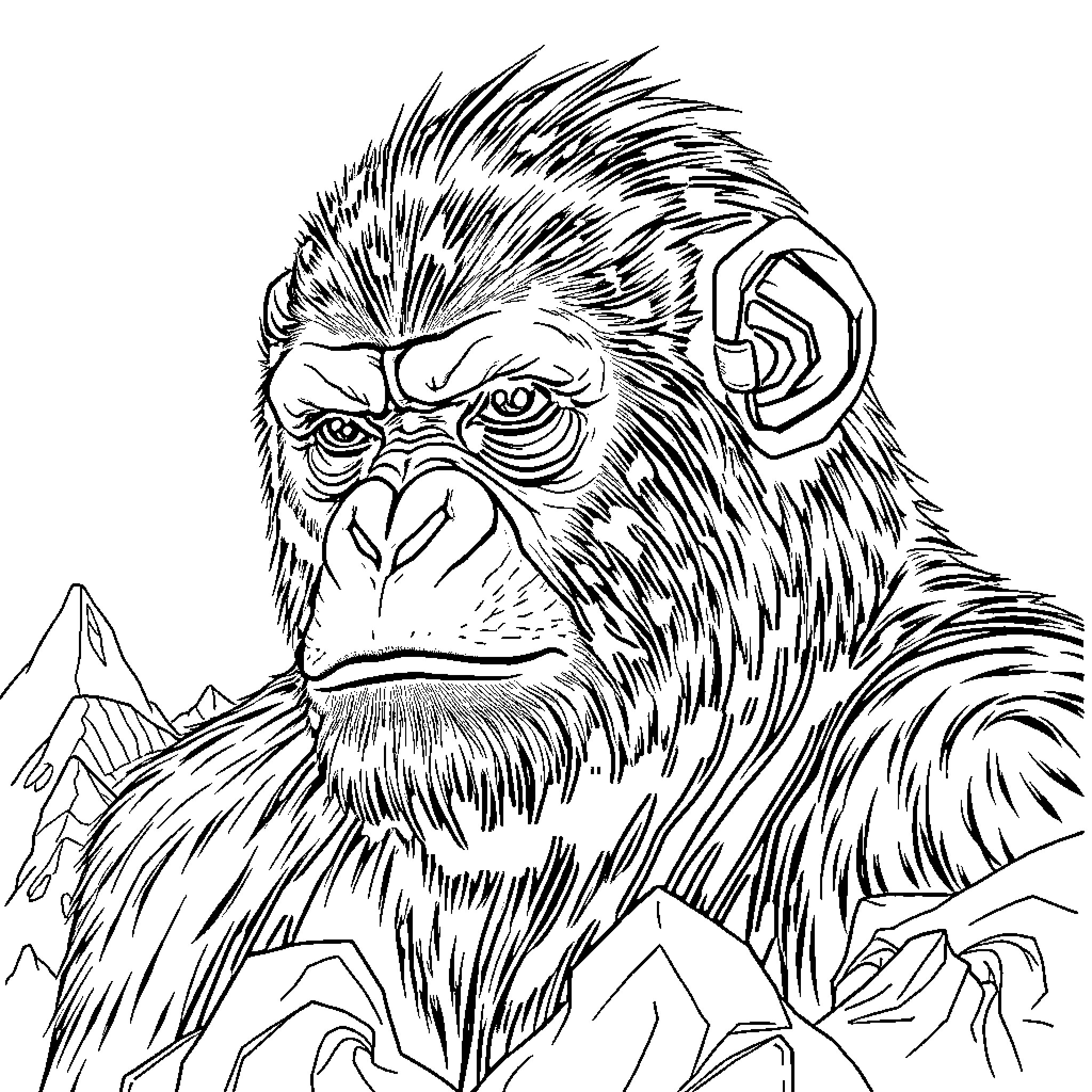 Ape contemplating in the mountains Coloring Page (free black-and-white line drawing printable PDF for all, from beginners to advanced learners, including children, teens, adults, and seniors)