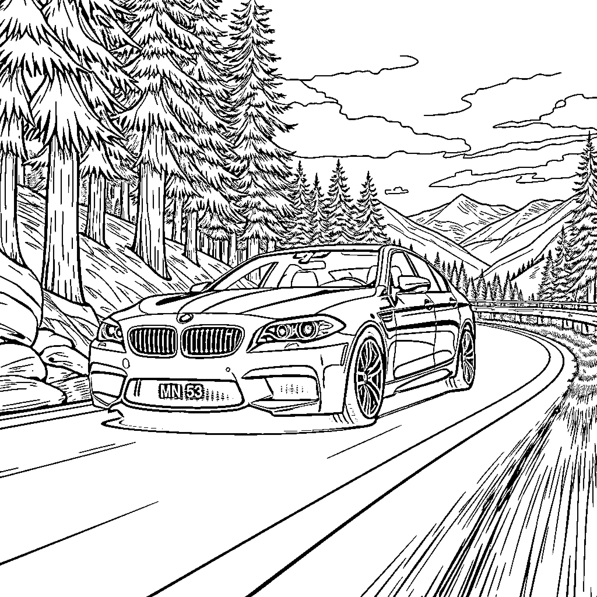 BMW driving on a winding mountain road Coloring Page (free black-and-white line drawing printable PDF for all, from beginners to advanced learners, including children, teens, adults, and seniors)