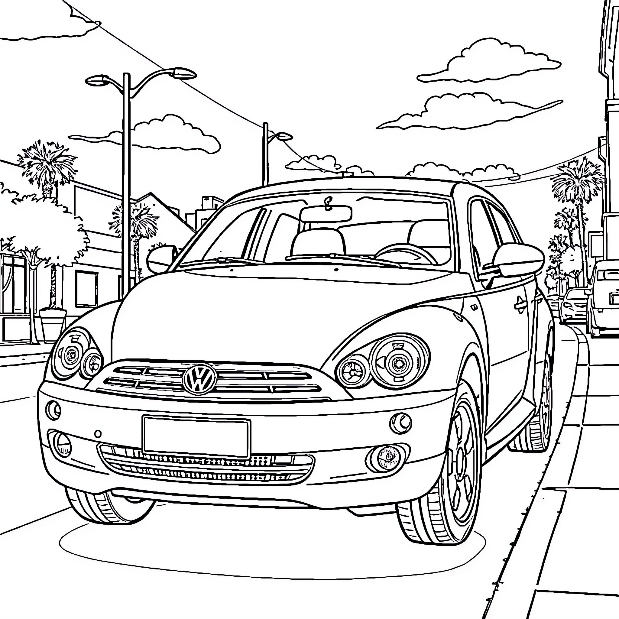 Vehicle driving through urban street with palm trees Coloring Page (free black-and-white line drawing printable PDF for all, from beginners to advanced learners, including children, teens, adults, and seniors)