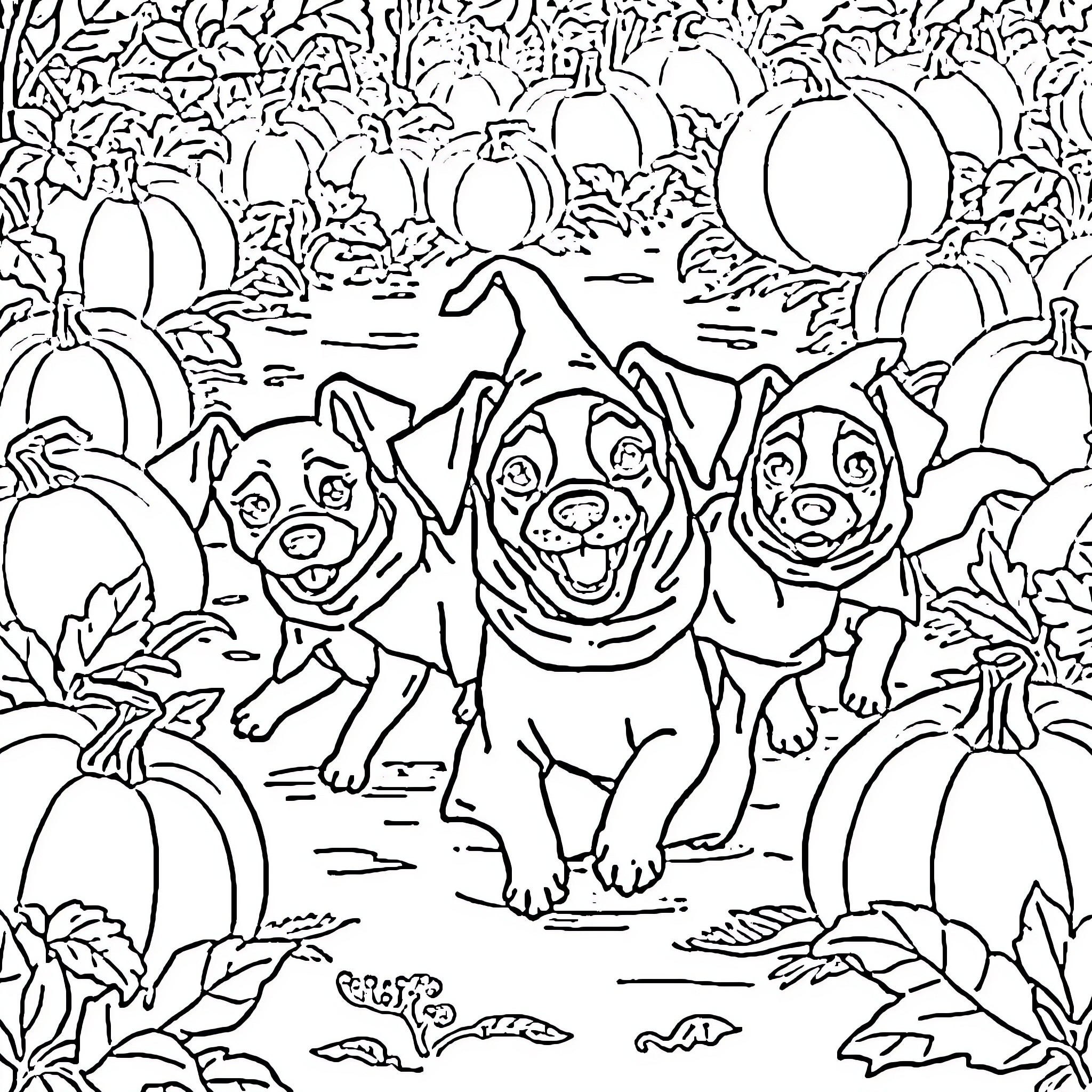 Dachshund dogs playing in a pumpkin patch Coloring Page (free black-and-white line drawing printable PDF for all, from beginners to advanced learners, including children, teens, adults, and seniors)