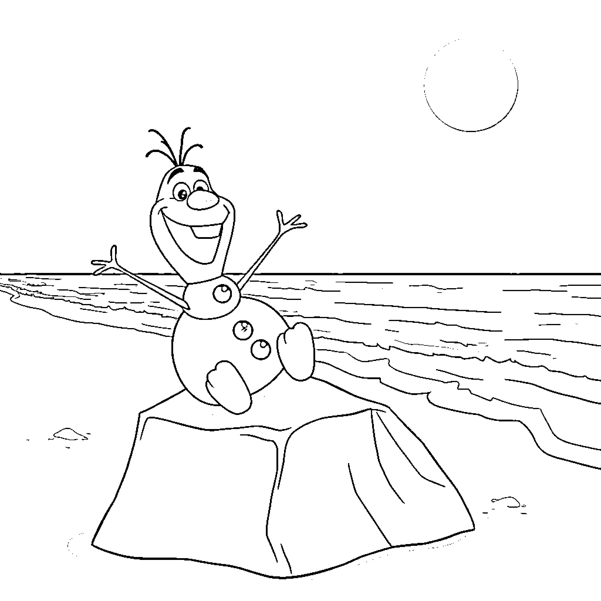 Olaf having fun at the beach Coloring Page (free black-and-white line drawing printable PDF for all, from beginners to advanced learners, including children, teens, adults, and seniors)