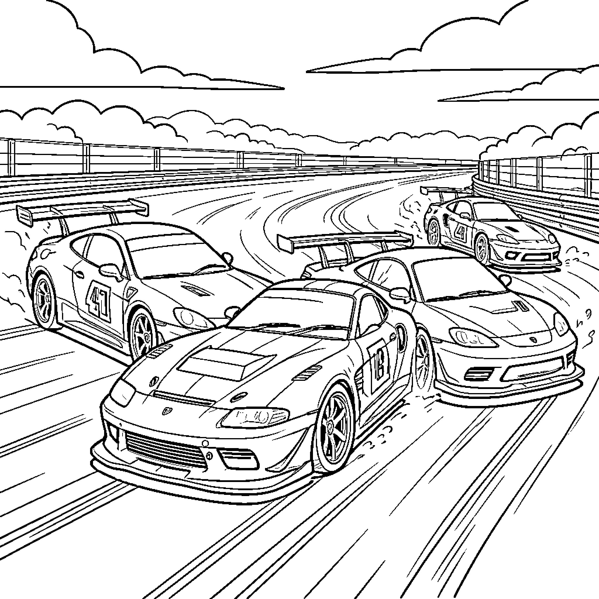 Race Car Competition on the Track Coloring Page (free black-and-white line drawing printable PDF for all, from beginners to advanced learners, including children, teens, adults, and seniors)