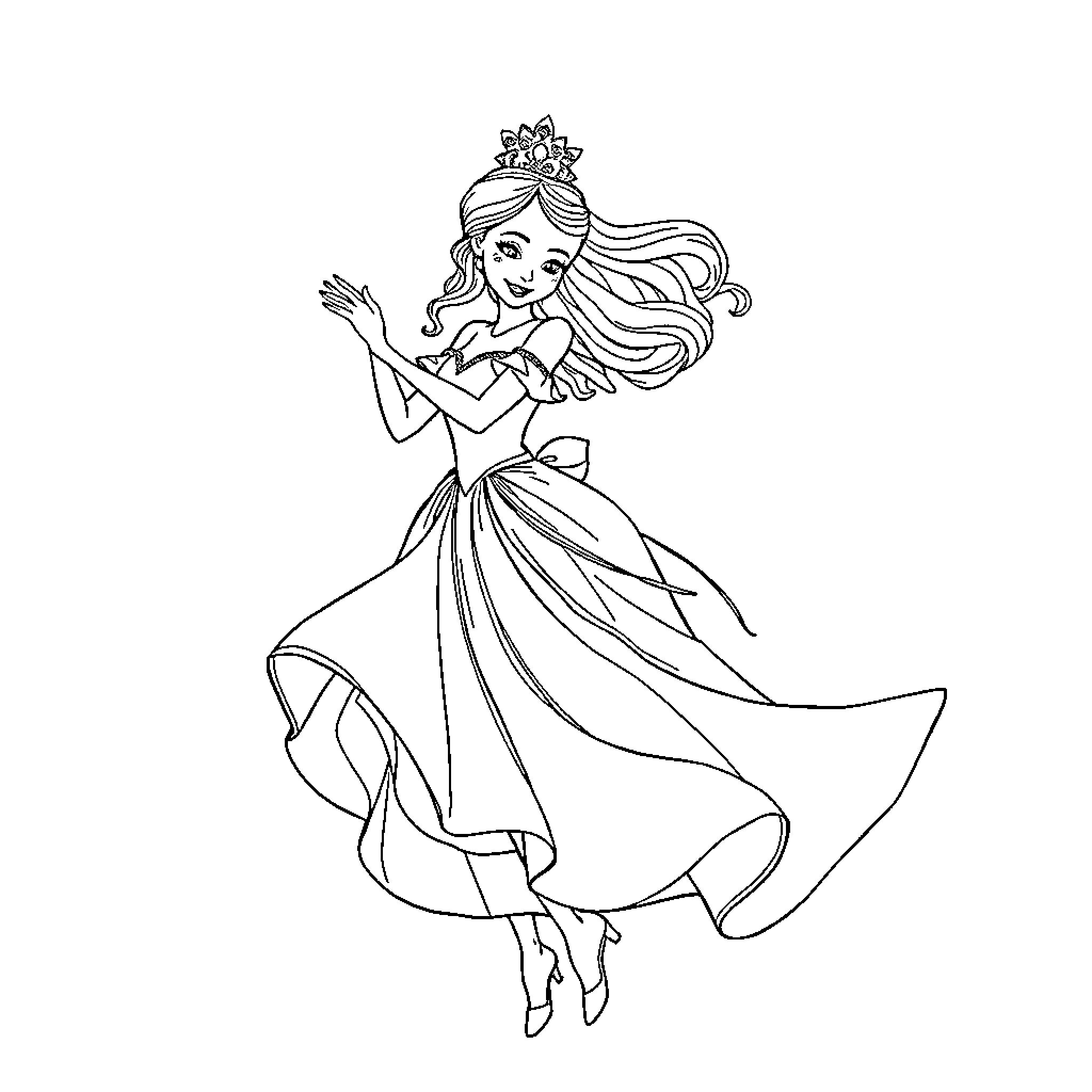 Princess Dancing Gracefully in Elegant Attire Coloring Page (free black-and-white line drawing printable PDF for all, from beginners to advanced learners, including children, teens, adults, and seniors)