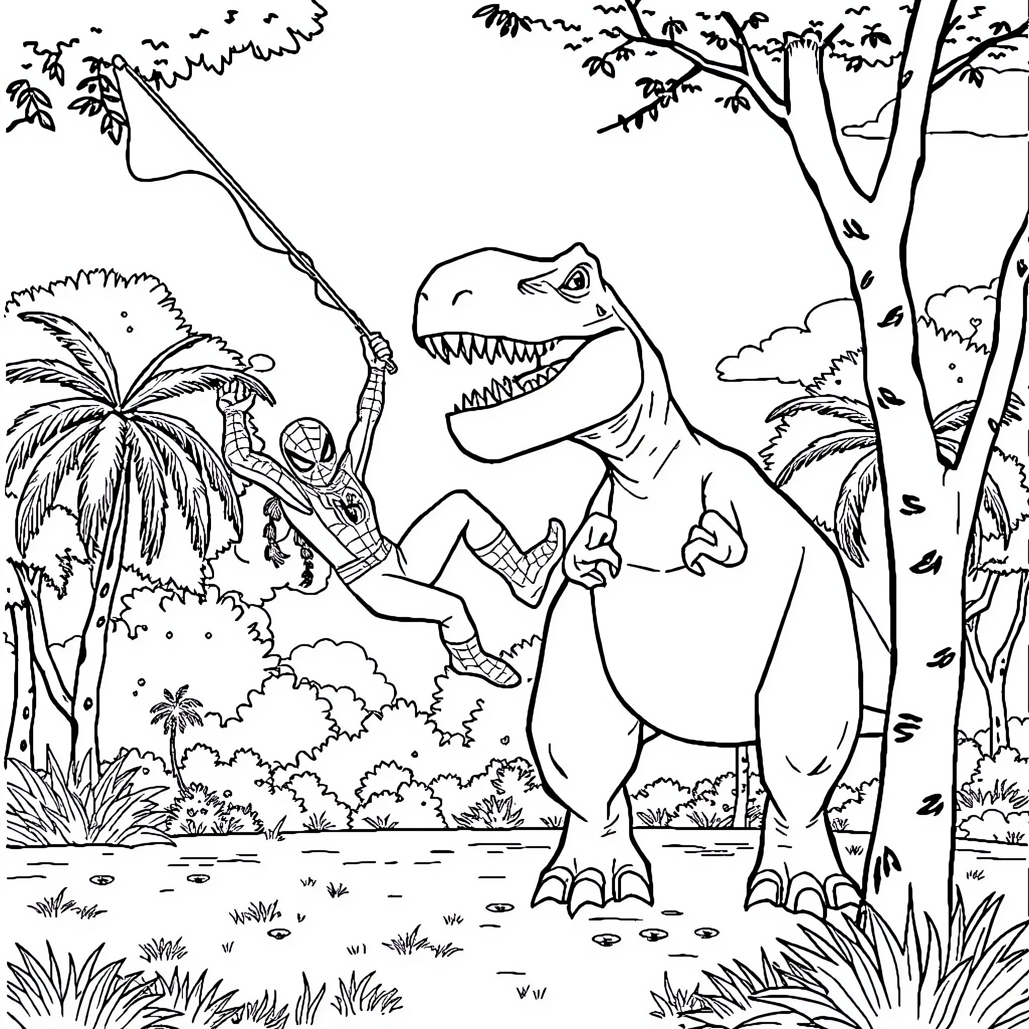 Spiderman swinging through a prehistoric jungle scene Coloring Page (free black-and-white line drawing printable PDF for all, from beginners to advanced learners, including children, teens, adults, and seniors)