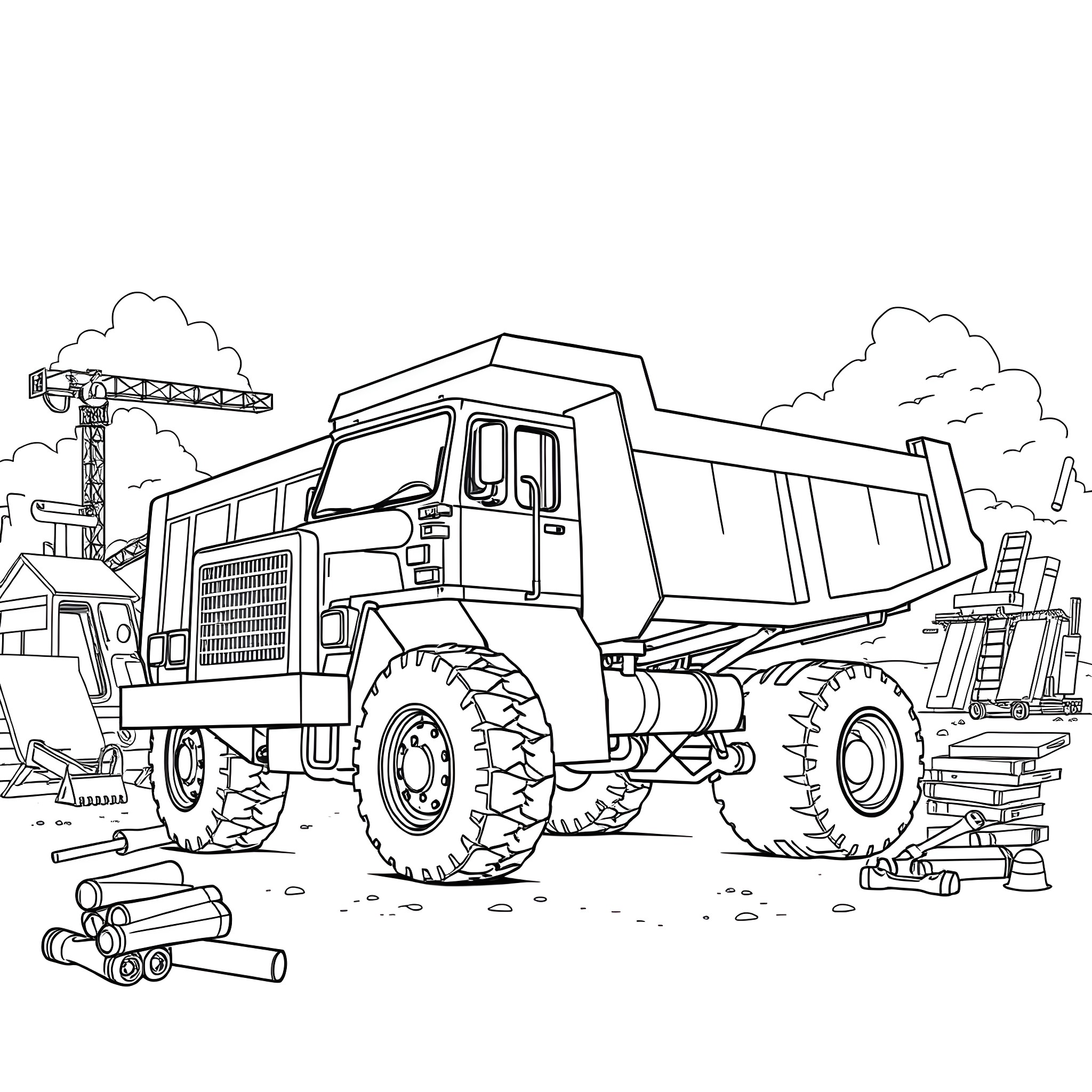 Dump Truck Hauling Materials on Construction Site Coloring Page (free black-and-white line drawing printable PDF for all, from beginners to advanced learners, including children, teens, adults, and seniors)