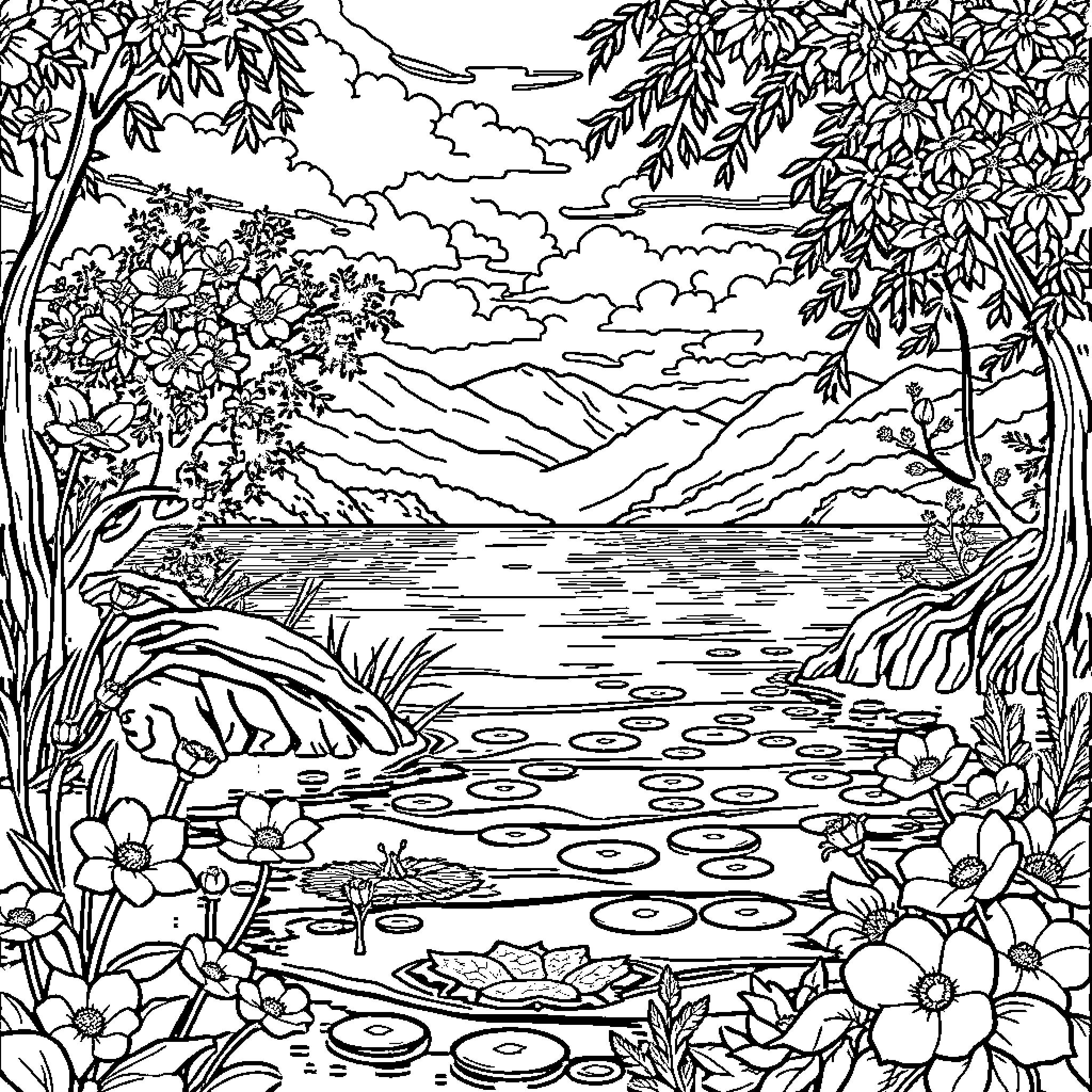 Frog exploring the serene lake surrounded by lush foliage Coloring Page (free black-and-white line drawing printable PDF for all, from beginners to advanced learners, including children, teens, adults, and seniors)