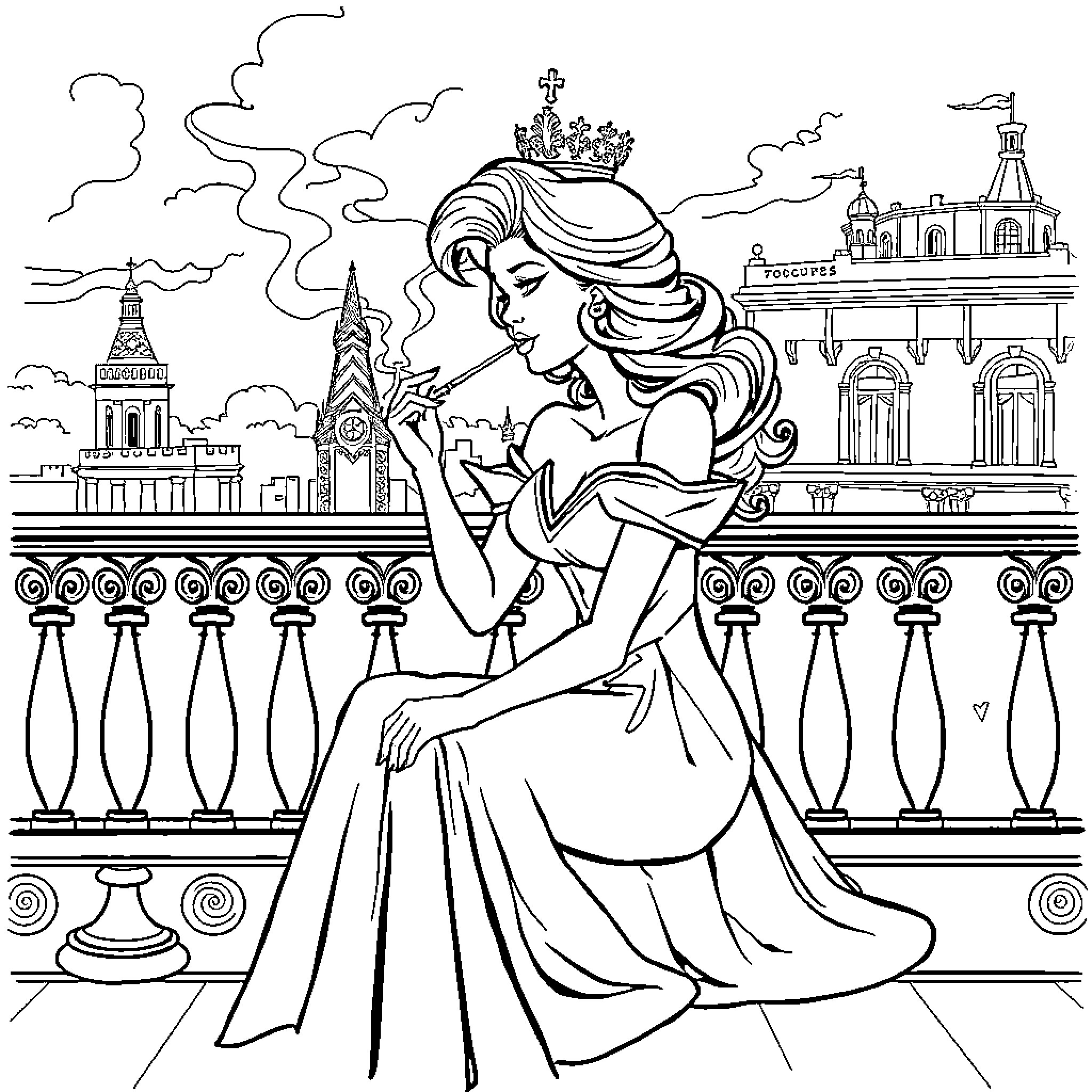 Princess posing elegantly on a palace balcony Coloring Page (free black-and-white line drawing printable PDF for all, from beginners to advanced learners, including children, teens, adults, and seniors)