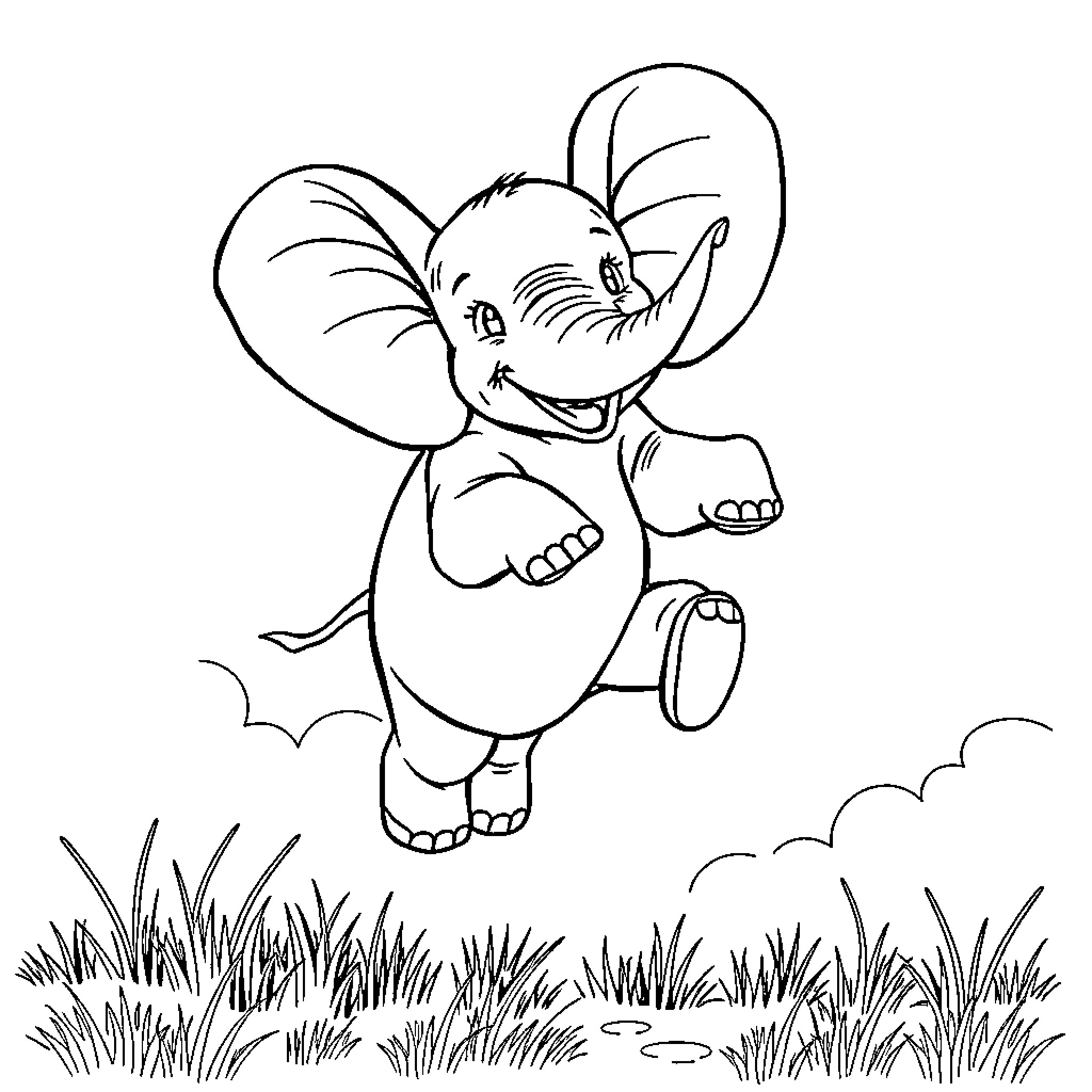 Elephant joyfully jumping in the meadow Coloring Page (free black-and-white line drawing printable PDF for all, from beginners to advanced learners, including children, teens, adults, and seniors)