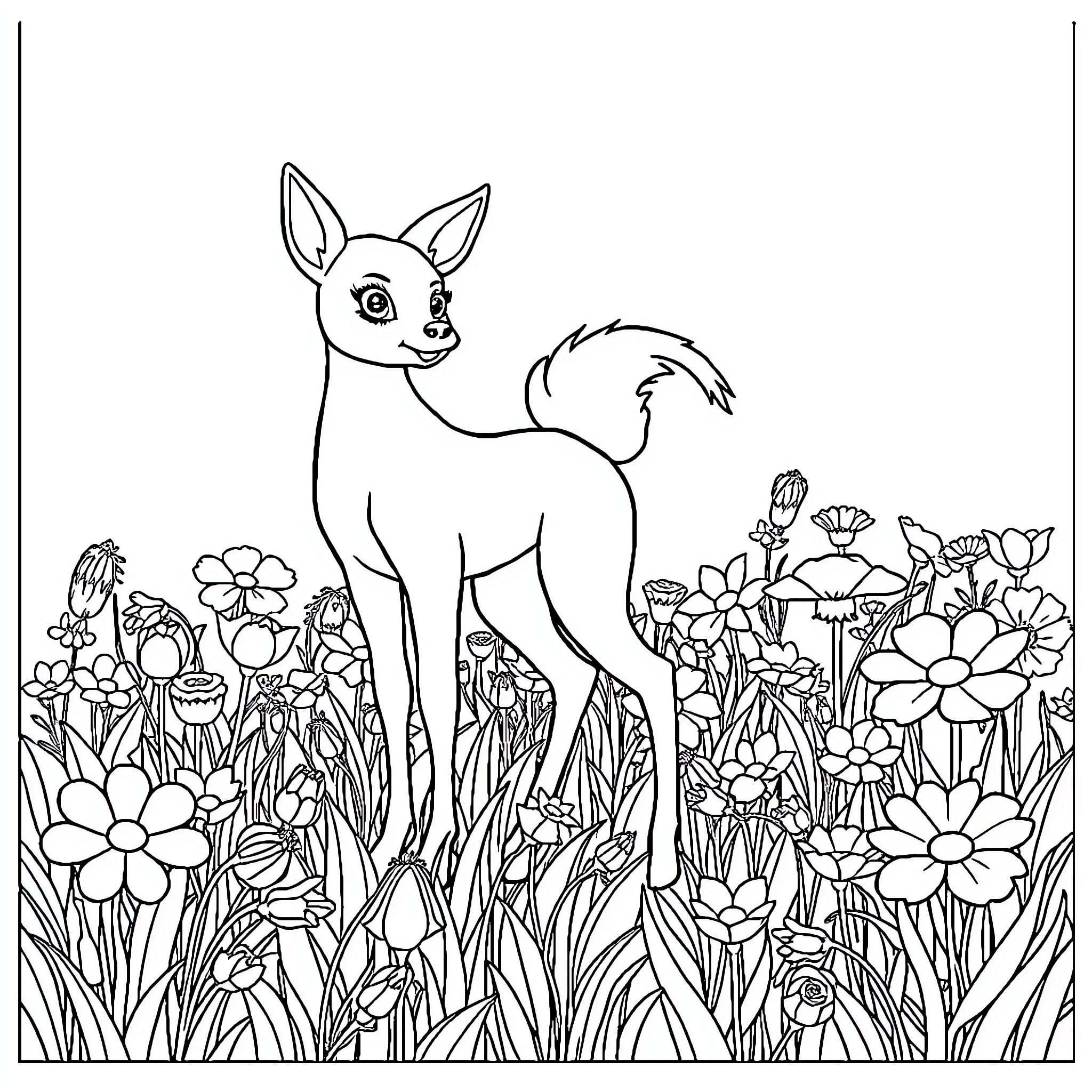 Flower Fawn Admiring Blooming Garden Coloring Page (free black-and-white line drawing printable PDF for all, from beginners to advanced learners, including children, teens, adults, and seniors)