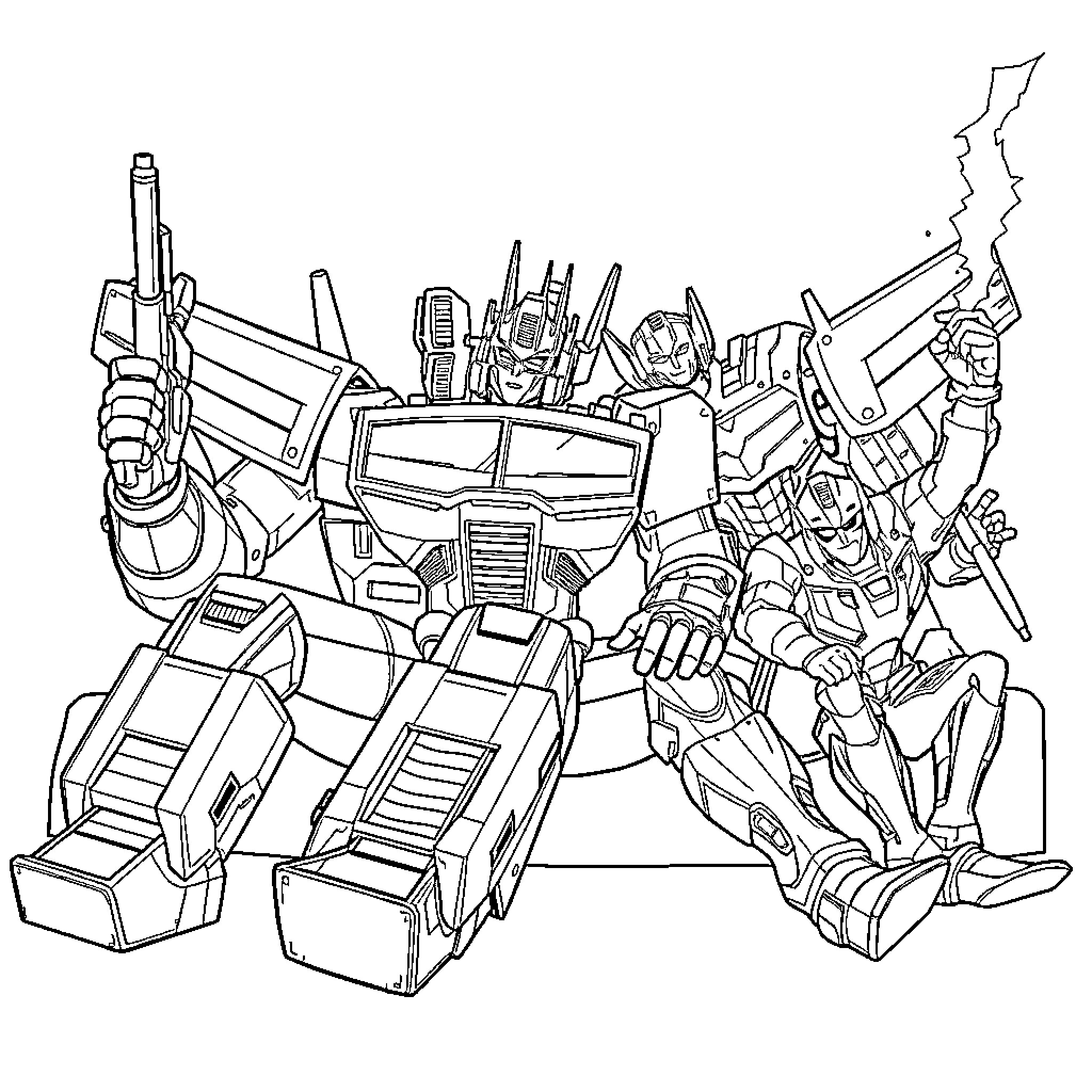 Transformer battle against enemies with weapons and armor Coloring Page (free black-and-white line drawing printable PDF for all, from beginners to advanced learners, including children, teens, adults, and seniors)