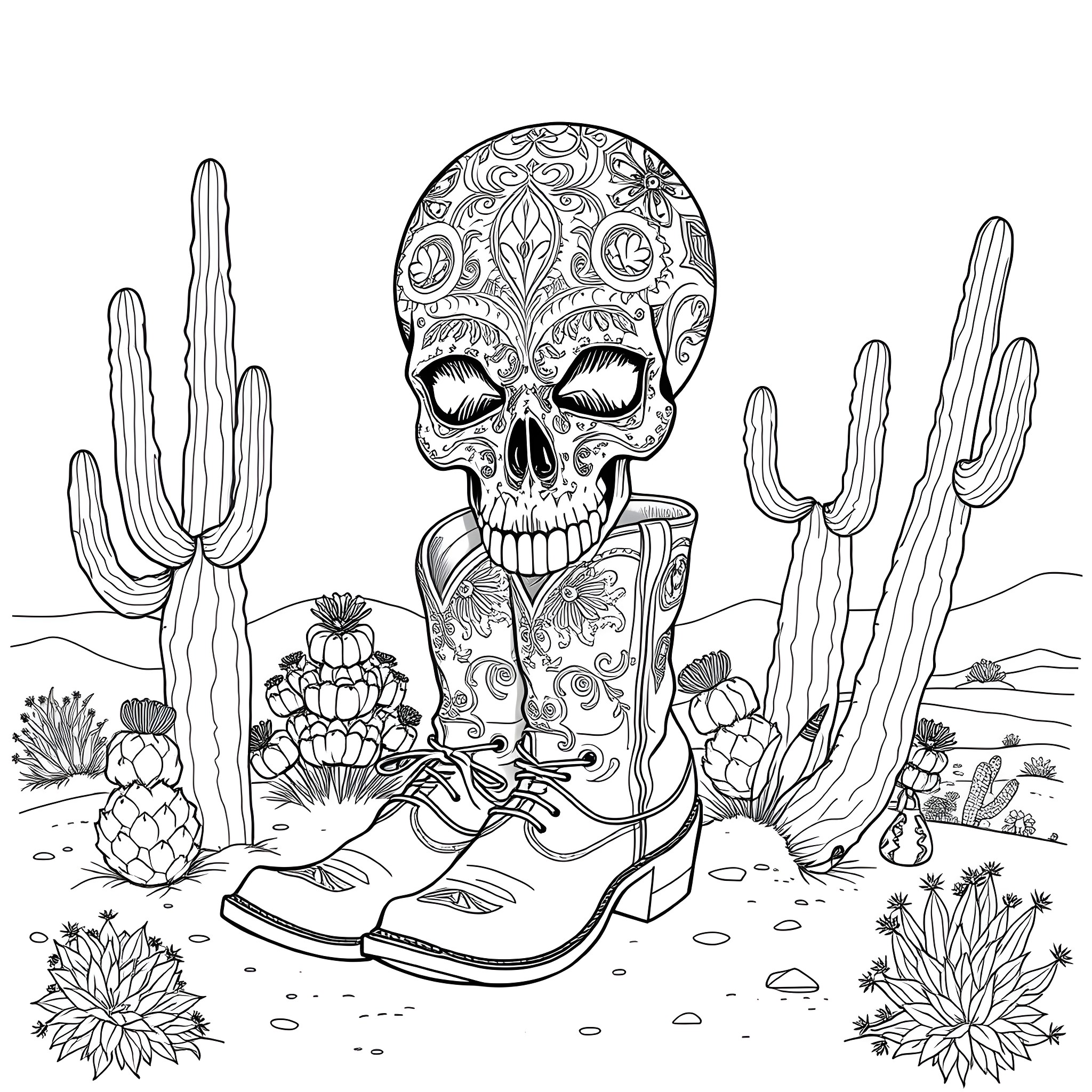 Skull with intricate patterns in desert landscape Coloring Page (free black-and-white line drawing printable PDF for all, from beginners to advanced learners, including children, teens, adults, and seniors)