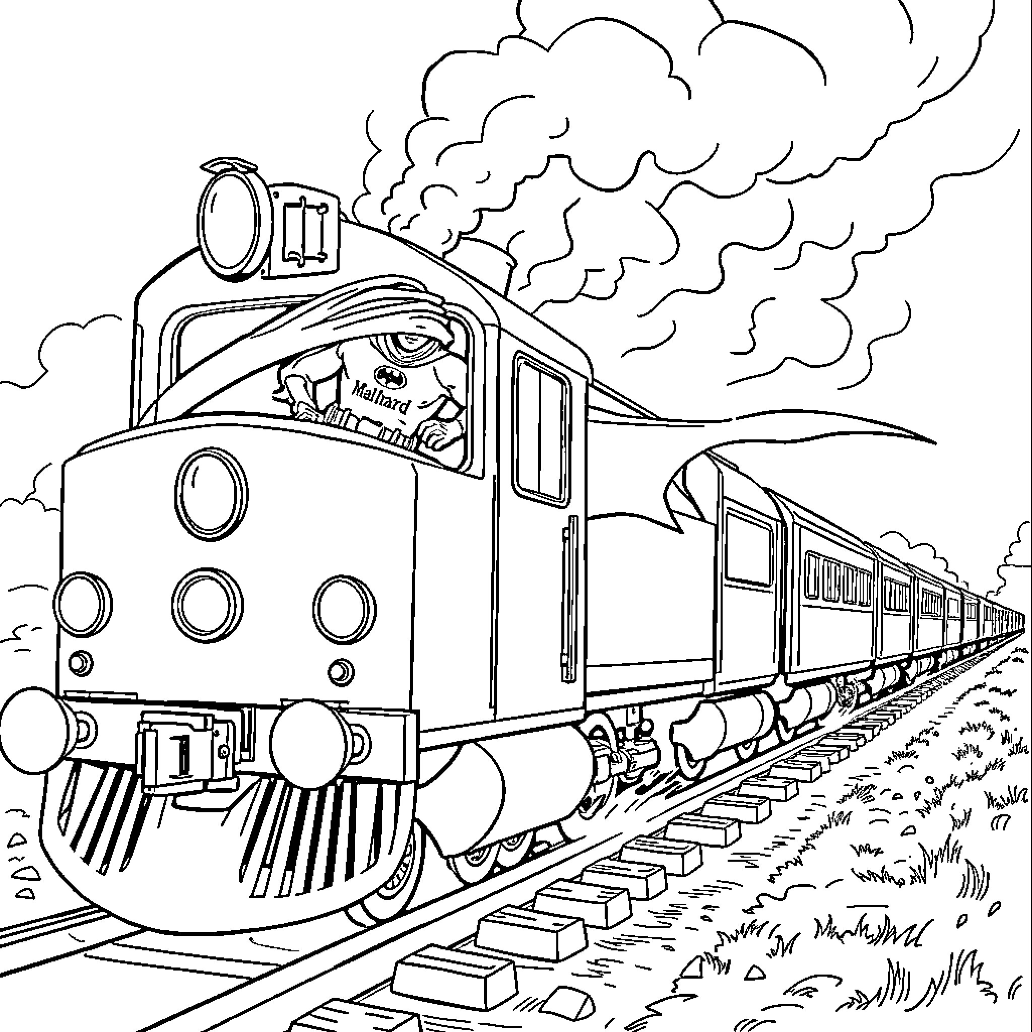 Mallard locomotive racing through the countryside Coloring Page (free black-and-white line drawing printable PDF for all, from beginners to advanced learners, including children, teens, adults, and seniors)