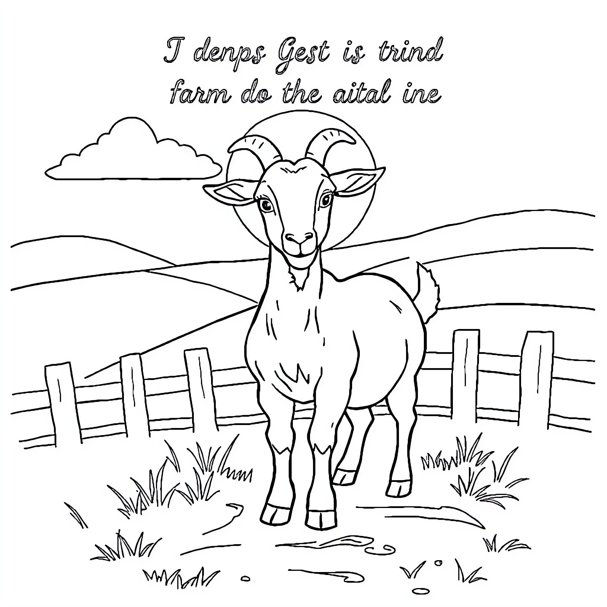 Goat standing in a farm field Coloring Page (free black-and-white line drawing printable PDF for all, from beginners to advanced learners, including children, teens, adults, and seniors)