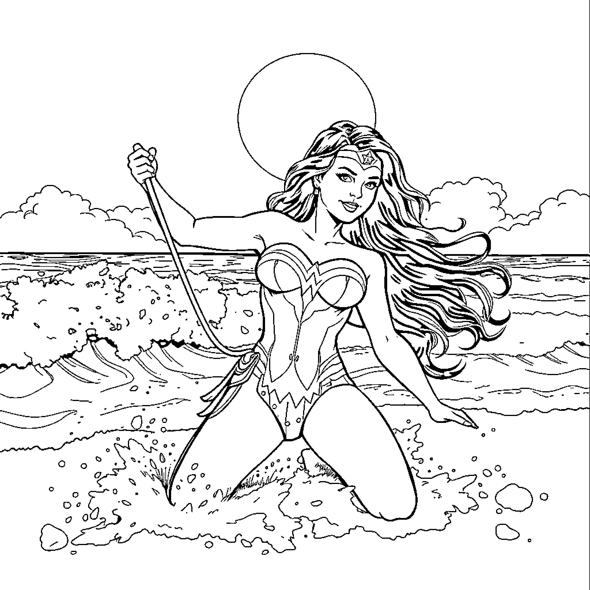 Wonder Woman standing heroically in the ocean Coloring Page (free black-and-white line drawing printable PDF for all, from beginners to advanced learners, including children, teens, adults, and seniors)