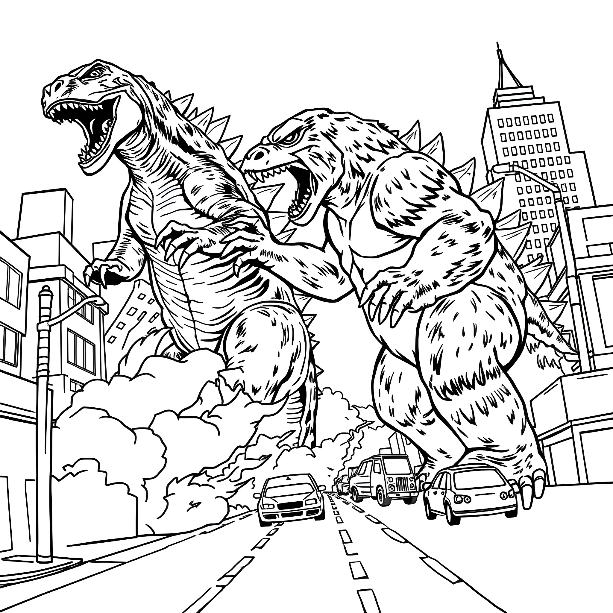 Godzilla's Destructive Rampage Through the City Coloring Page (free black-and-white line drawing printable PDF for all, from beginners to advanced learners, including children, teens, adults, and seniors)
