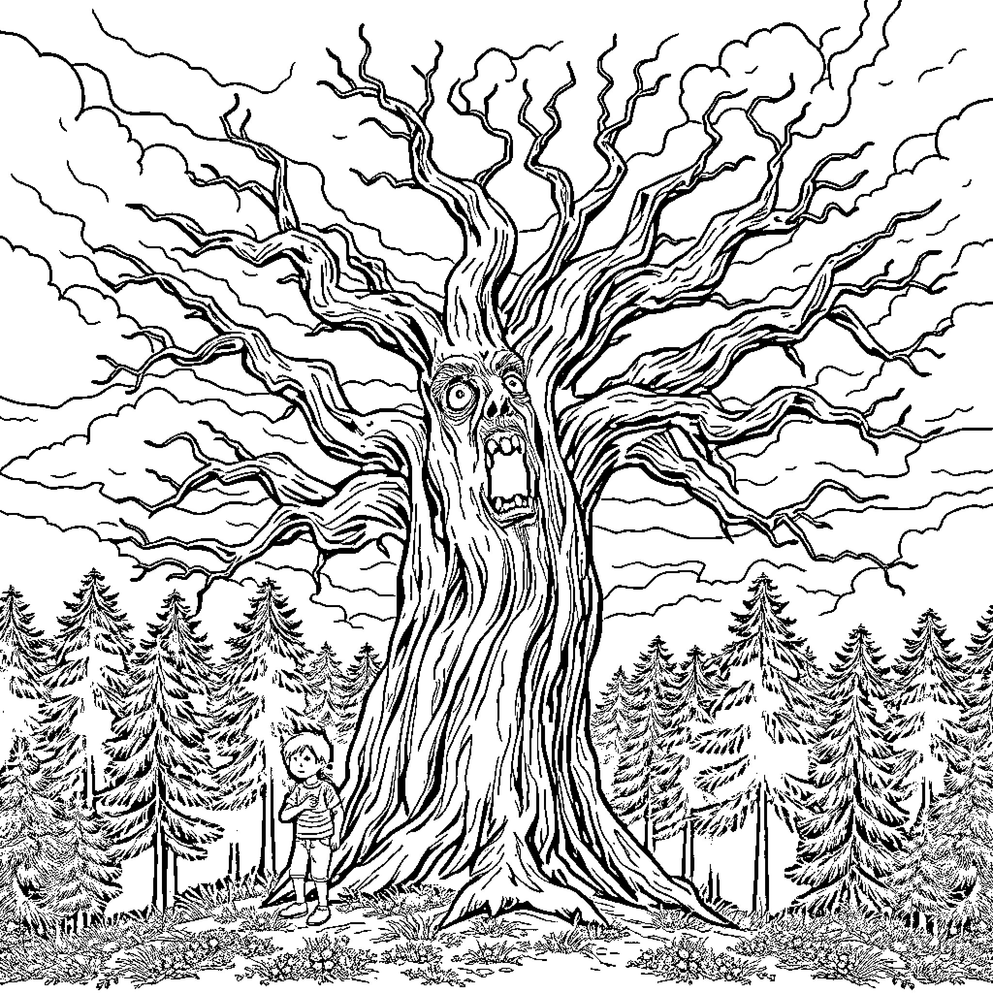 Tree of Twisted Branches and Haunting Expression Coloring Page (free black-and-white line drawing printable PDF for all, from beginners to advanced learners, including children, teens, adults, and seniors)