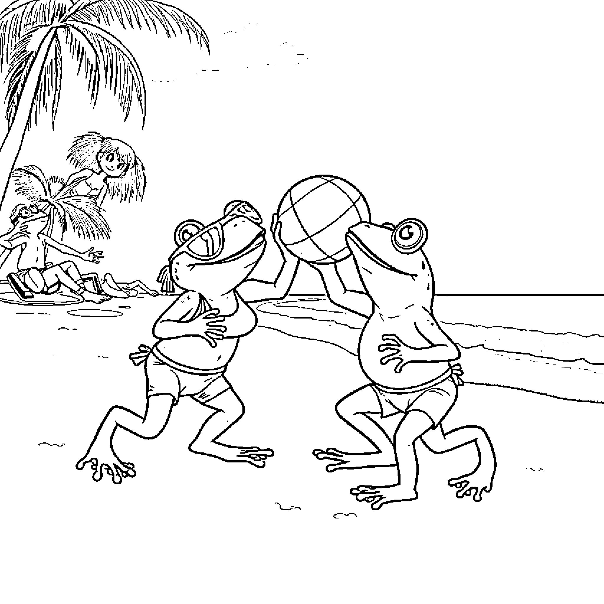Coqui frogs playing with beach ball on tropical beach Coloring Page (free black-and-white line drawing printable PDF for all, from beginners to advanced learners, including children, teens, adults, and seniors)