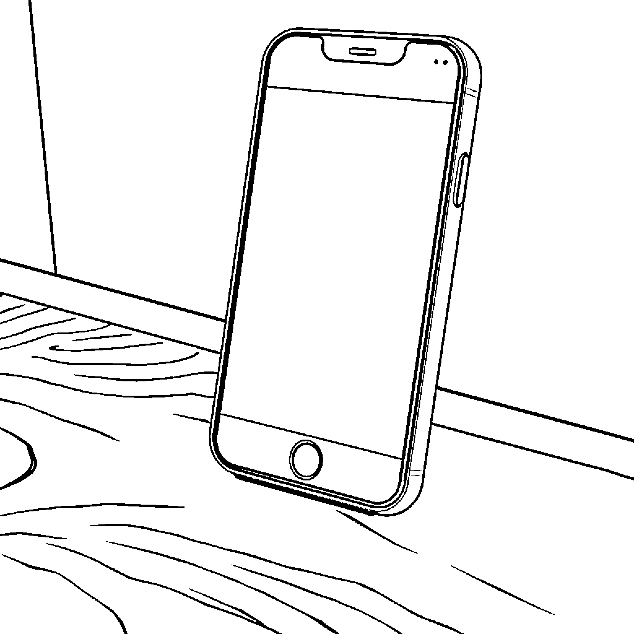 Phone on wooden surface Coloring Page (free black-and-white line drawing printable PDF for all, from beginners to advanced learners, including children, teens, adults, and seniors)