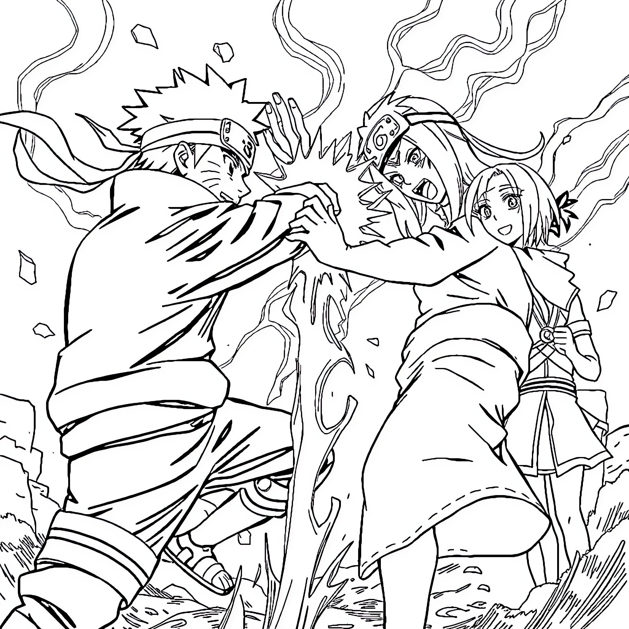 Naruto and friends in an intense battle scene Coloring Page (free black-and-white line drawing printable PDF for all, from beginners to advanced learners, including children, teens, adults, and seniors)