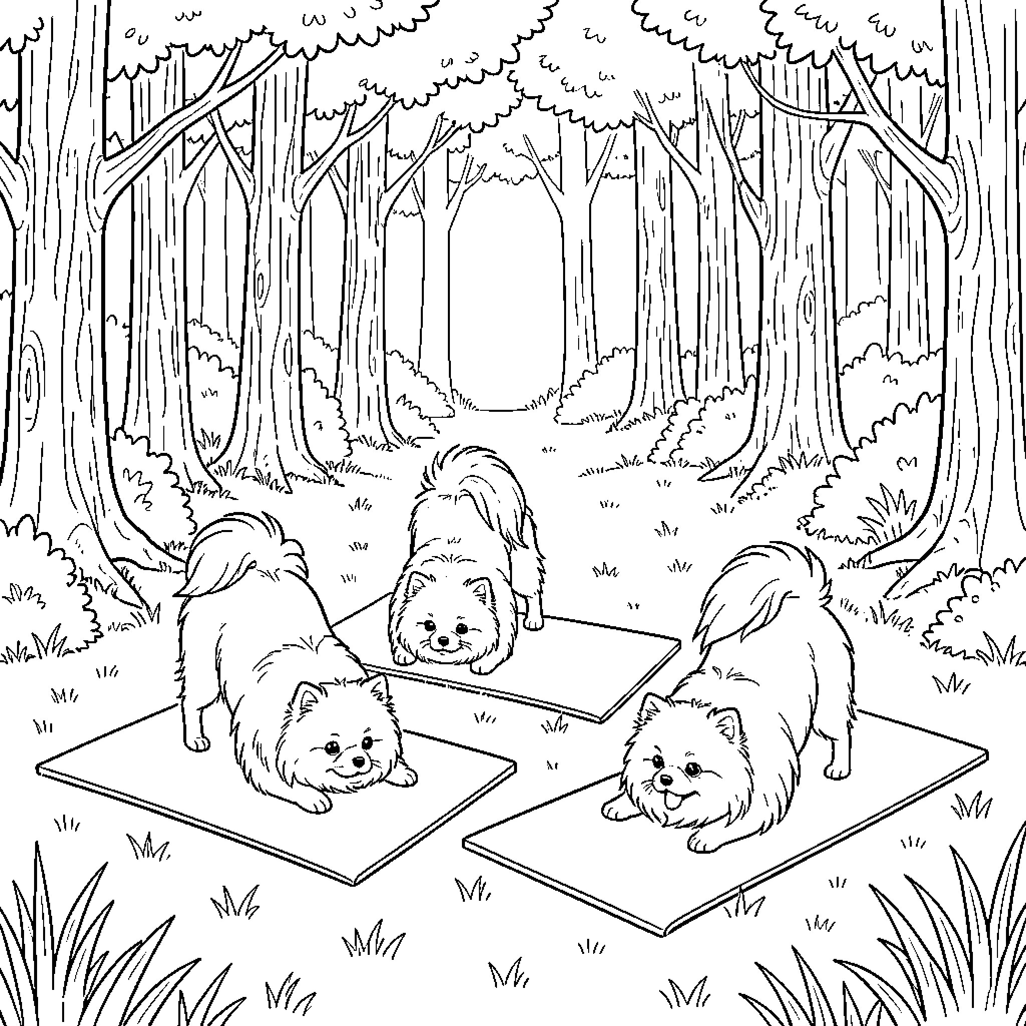 Pomeranian dogs resting on mats in the woods Coloring Page (free black-and-white line drawing printable PDF for all, from beginners to advanced learners, including children, teens, adults, and seniors)