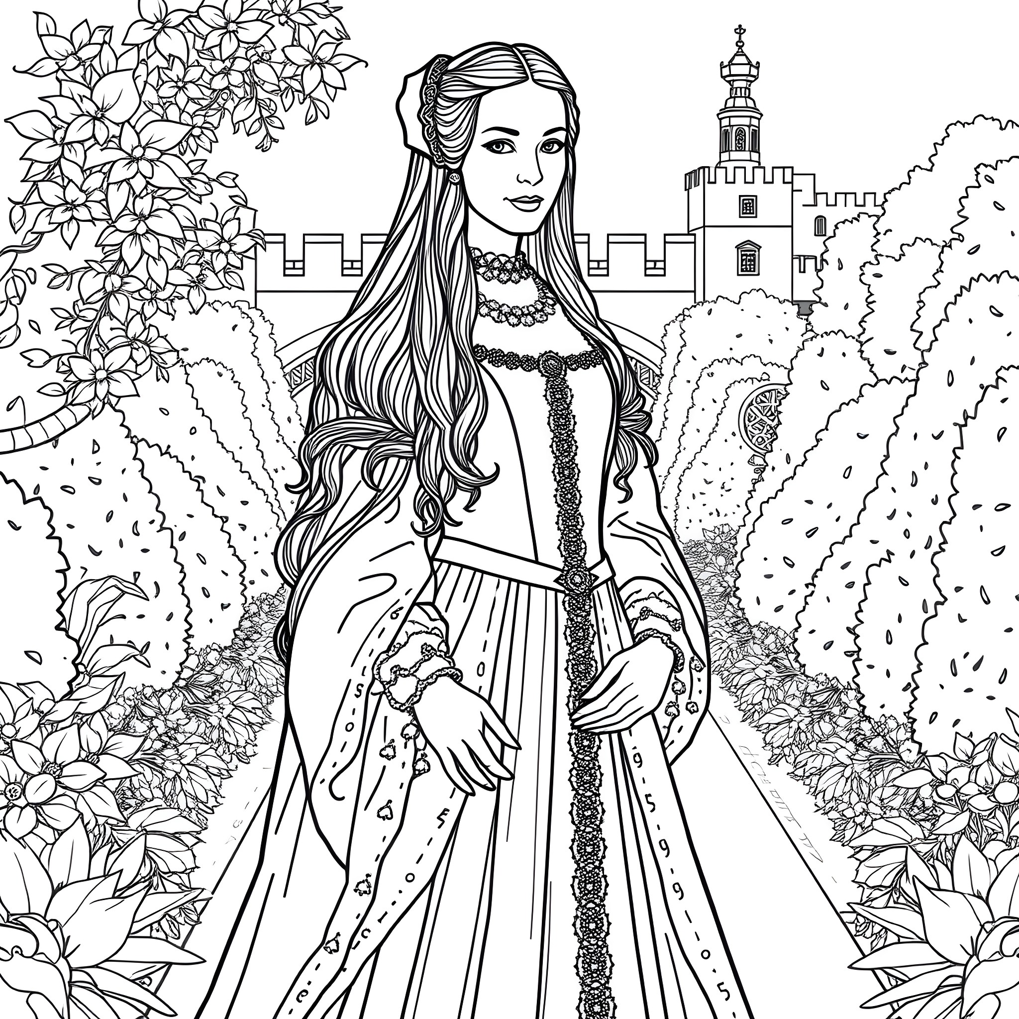 Anne's Elegant Stroll Through the Castle Gardens Coloring Page (free black-and-white line drawing printable PDF for all, from beginners to advanced learners, including children, teens, adults, and seniors)