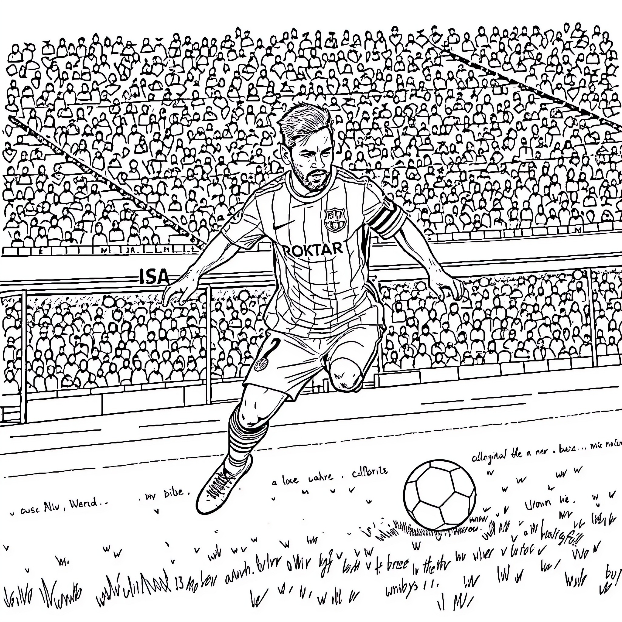Messi celebrating a goal in a stadium filled with fans Coloring Page (free black-and-white line drawing printable PDF for all, from beginners to advanced learners, including children, teens, adults, and seniors)