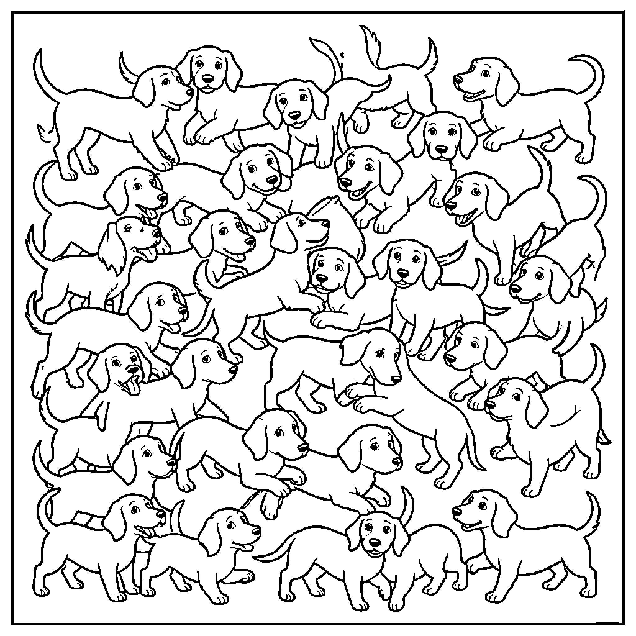 Dachshund puppies playing and frolicking together Coloring Page (free black-and-white line drawing printable PDF for all, from beginners to advanced learners, including children, teens, adults, and seniors)