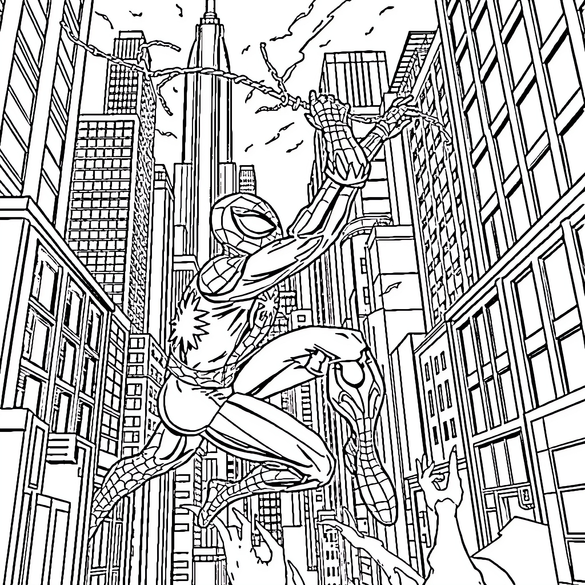 Spiderman swinging through the cityscape Coloring Page (free black-and-white line drawing printable PDF for all, from beginners to advanced learners, including children, teens, adults, and seniors)