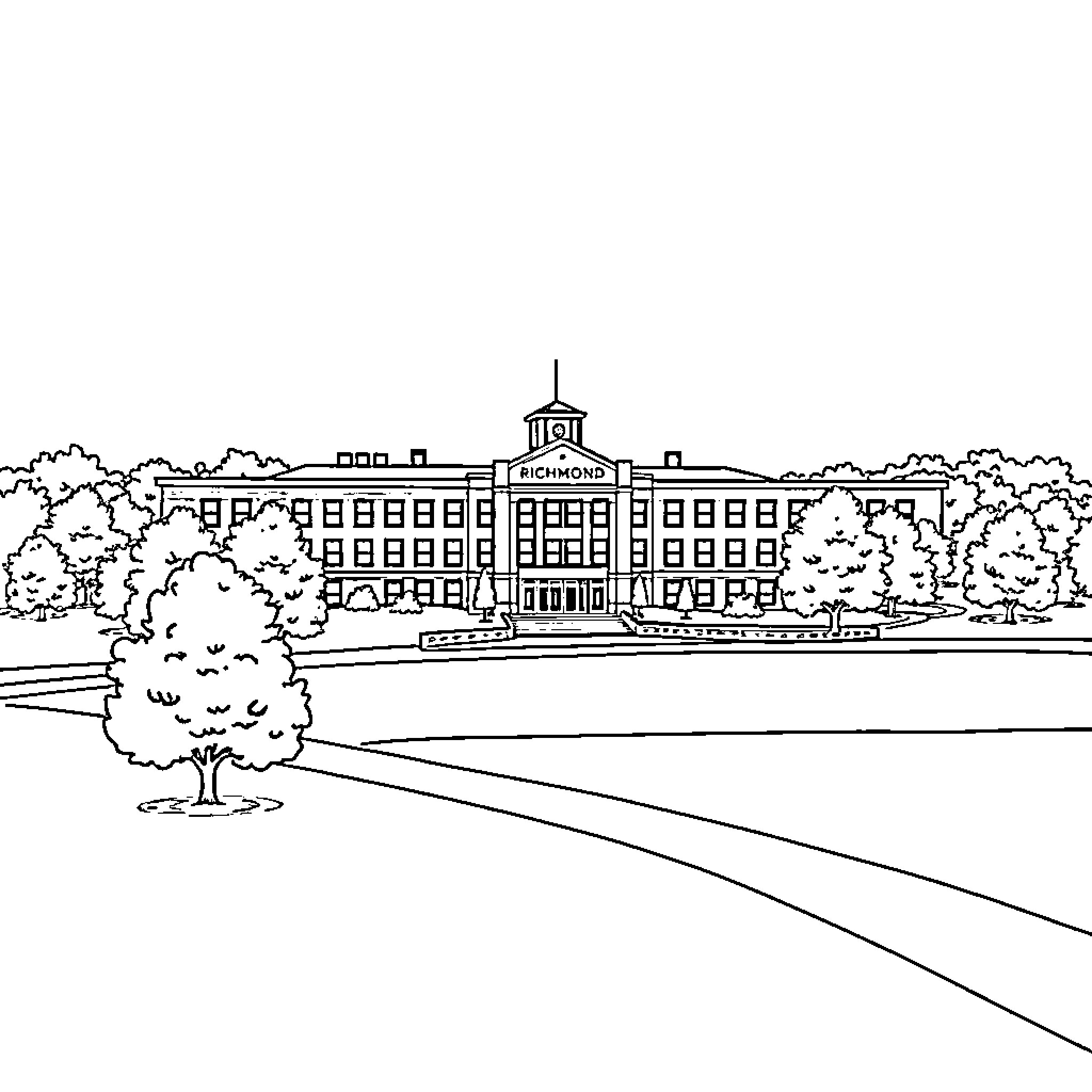 Richmond High School: Architectural Drawing of School Building Coloring Page (free black-and-white line drawing printable PDF for all, from beginners to advanced learners, including children, teens, adults, and seniors)