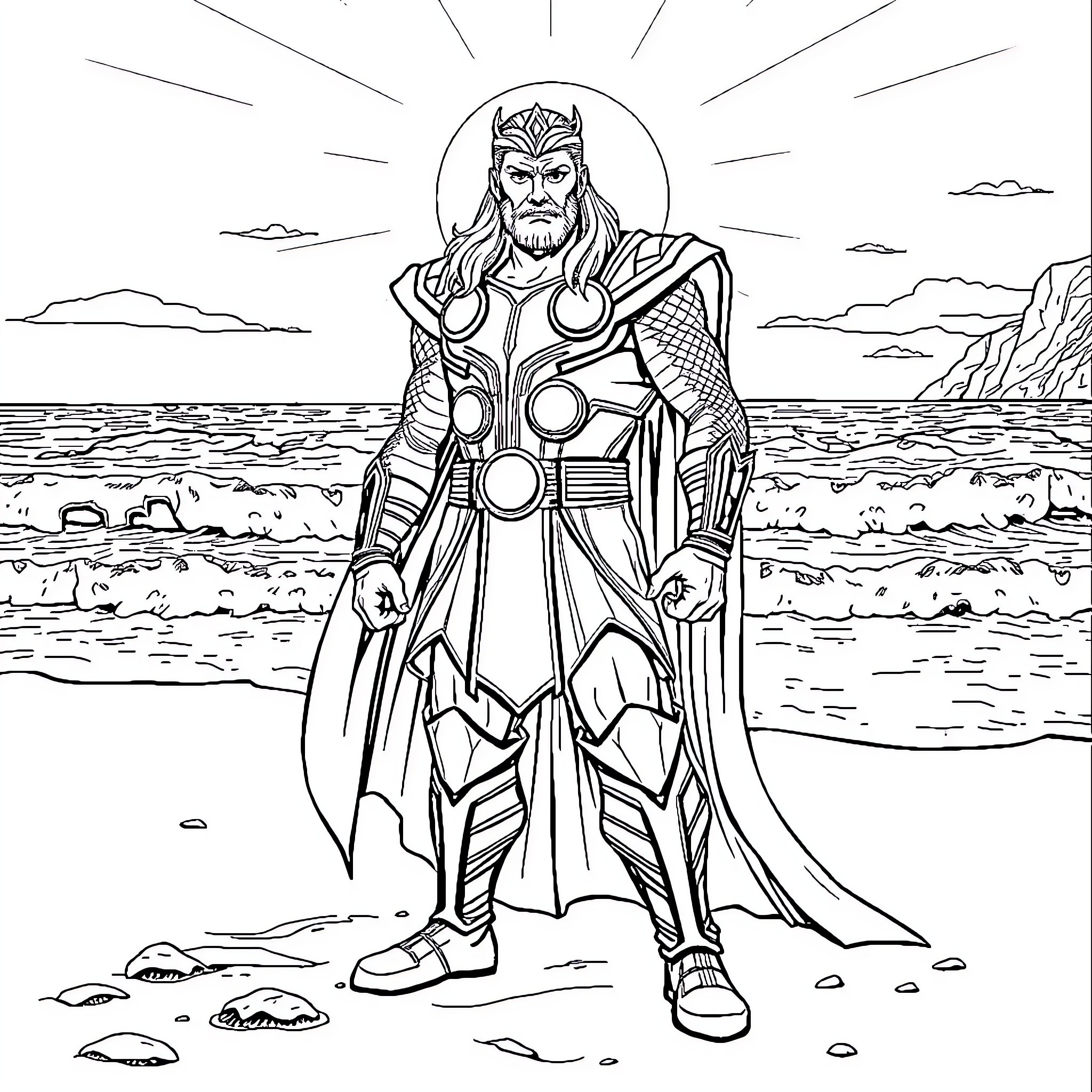 Thor standing heroically on the beach Coloring Page (free black-and-white line drawing printable PDF for all, from beginners to advanced learners, including children, teens, adults, and seniors)