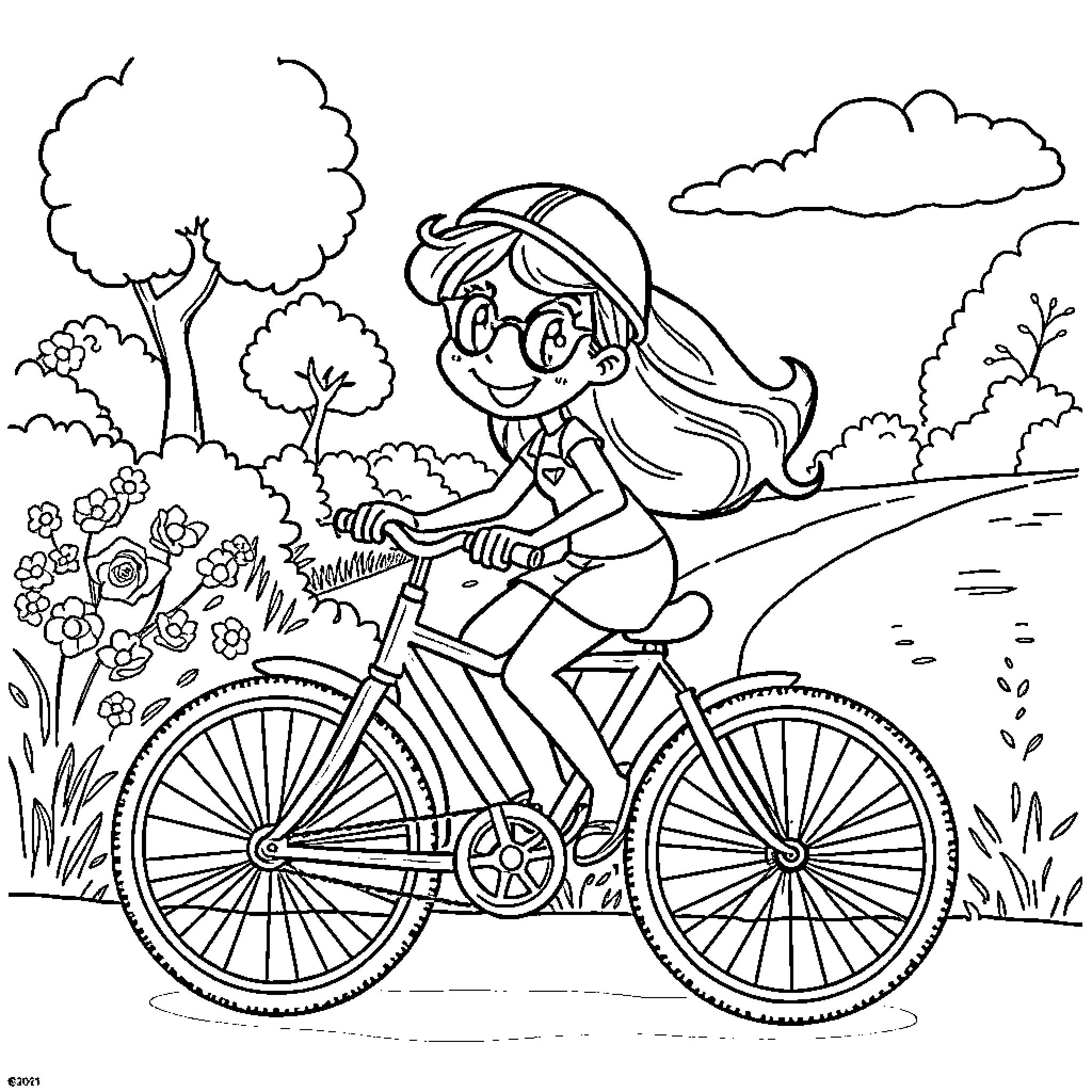 Bluey riding a bicycle through a scenic park Coloring Page (free black-and-white line drawing printable PDF for all, from beginners to advanced learners, including children, teens, adults, and seniors)