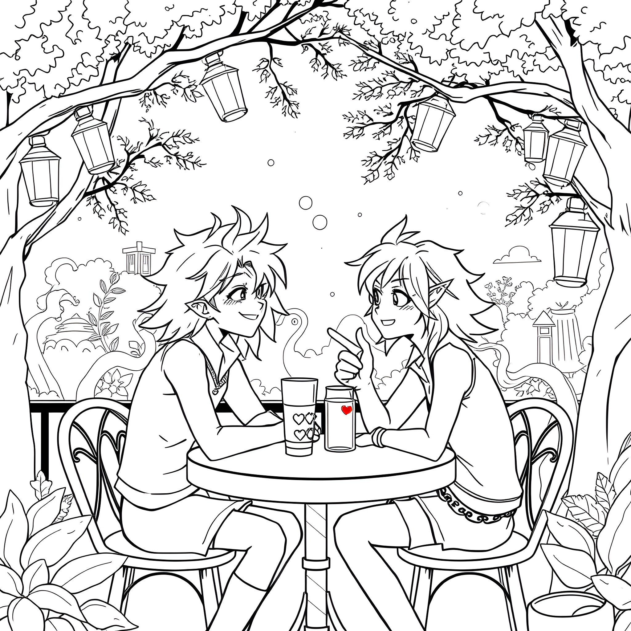 Bakura's Enchanting Outdoor Cafe Adventure Coloring Page (free black-and-white line drawing printable PDF for all, from beginners to advanced learners, including children, teens, adults, and seniors)