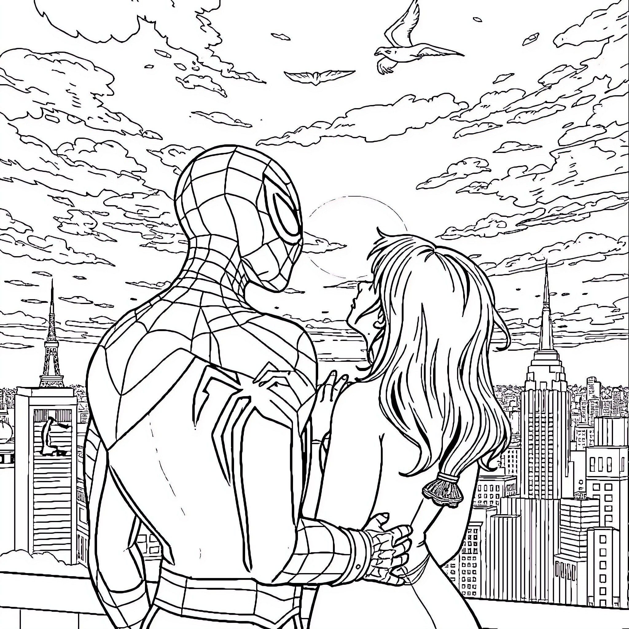 Spiderman Embracing his Beloved in the City Skyline Coloring Page (free black-and-white line drawing printable PDF for all, from beginners to advanced learners, including children, teens, adults, and seniors)