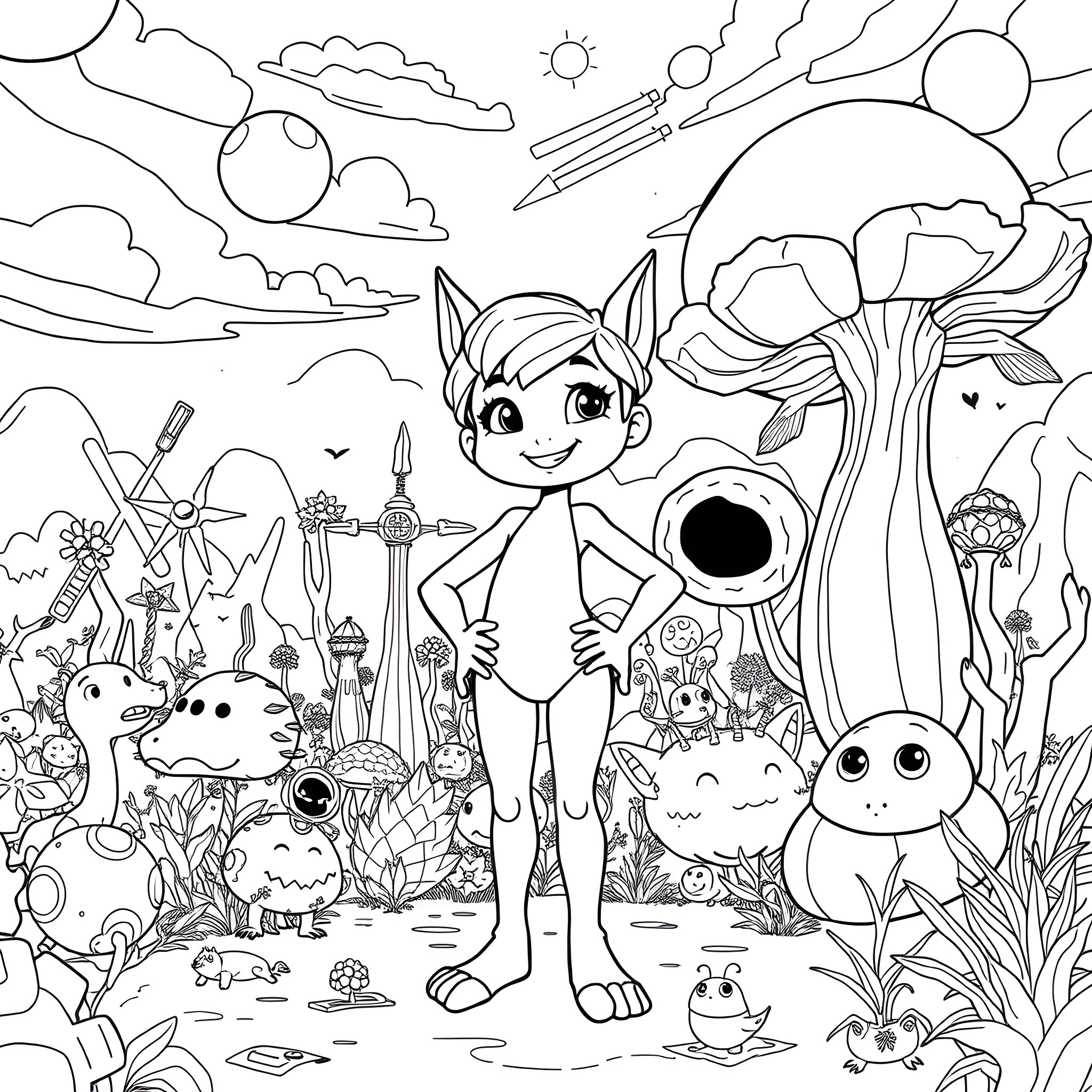Pomni Fantastical Adventure in a Whimsical World Coloring Page (free black-and-white line drawing printable PDF for all, from beginners to advanced learners, including children, teens, adults, and seniors)