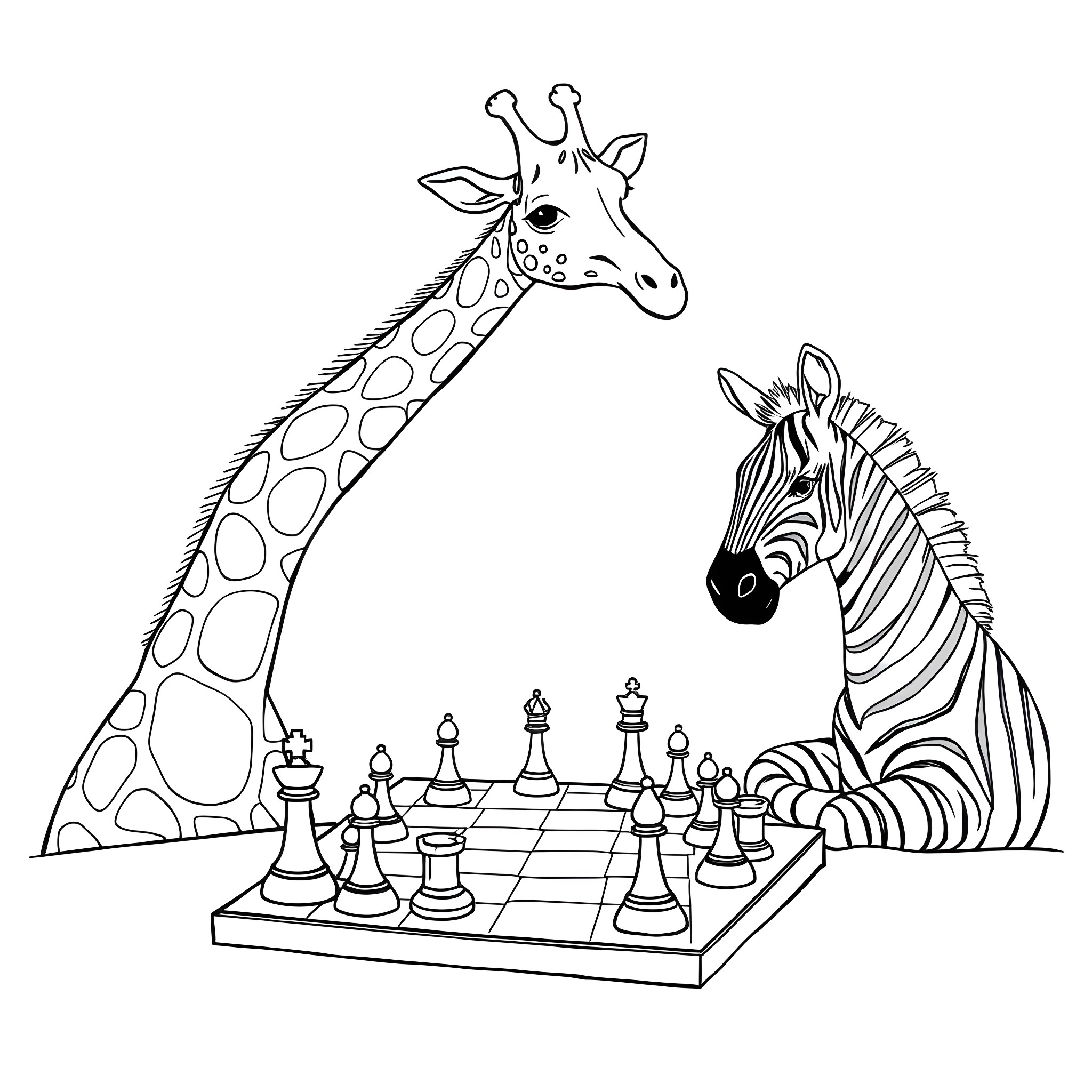 Giraffe and Zebra Playing Chess in the Wild Coloring Page (free black-and-white line drawing printable PDF for all, from beginners to advanced learners, including children, teens, adults, and seniors)