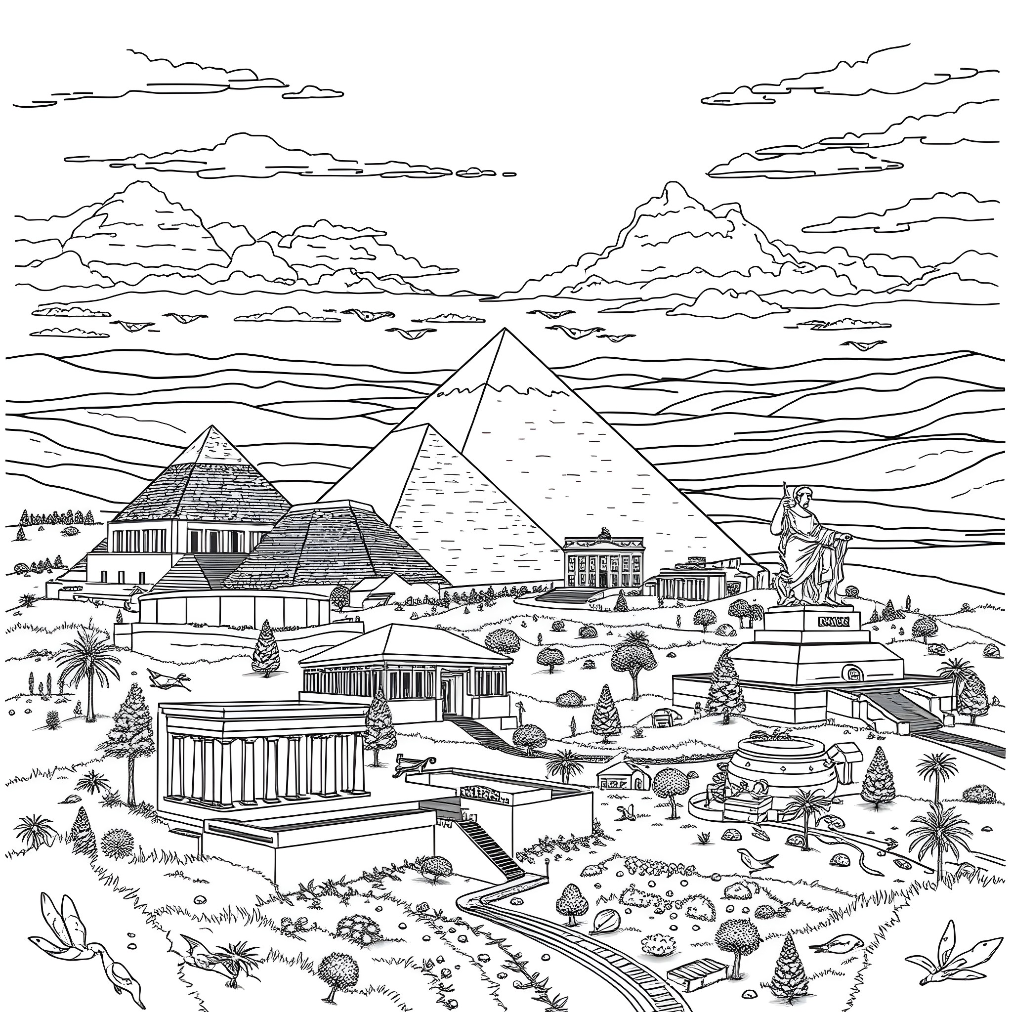 Wonder of the Ancient Egyptian Civilization Coloring Page (free black-and-white line drawing printable PDF for all, from beginners to advanced learners, including children, teens, adults, and seniors)