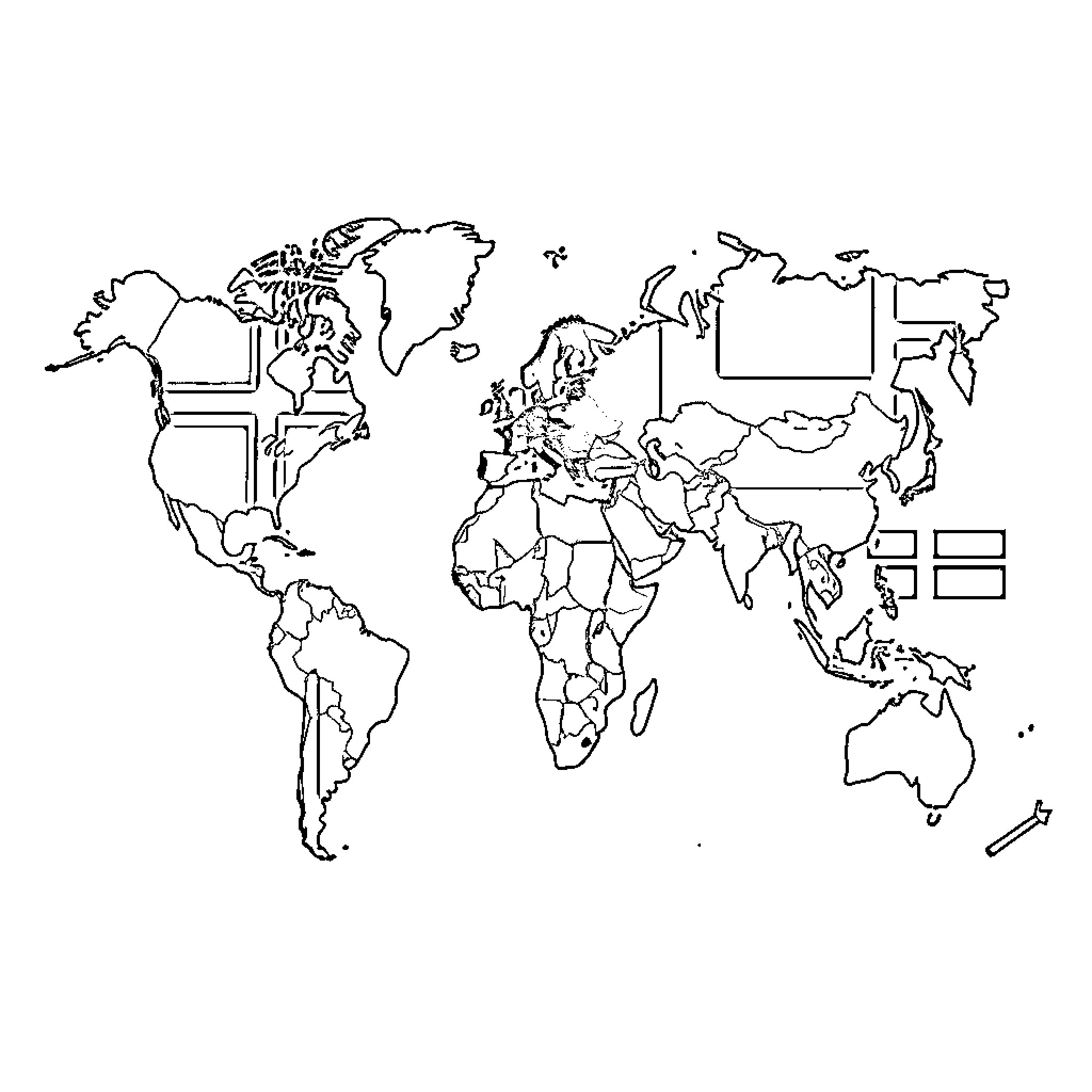 World Map with Outline of Continents and Countries Coloring Page (free black-and-white line drawing printable PDF for all, from beginners to advanced learners, including children, teens, adults, and seniors)