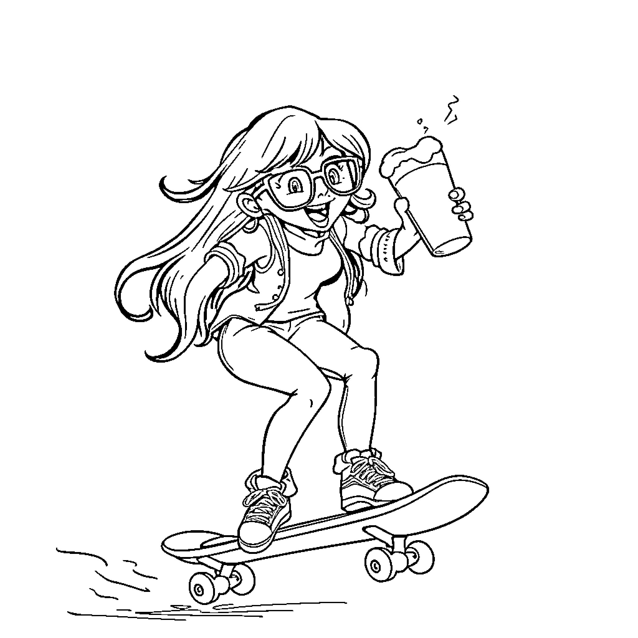 Library Lady Riding Skateboard with Coffee Coloring Page (free black-and-white line drawing printable PDF for all, from beginners to advanced learners, including children, teens, adults, and seniors)