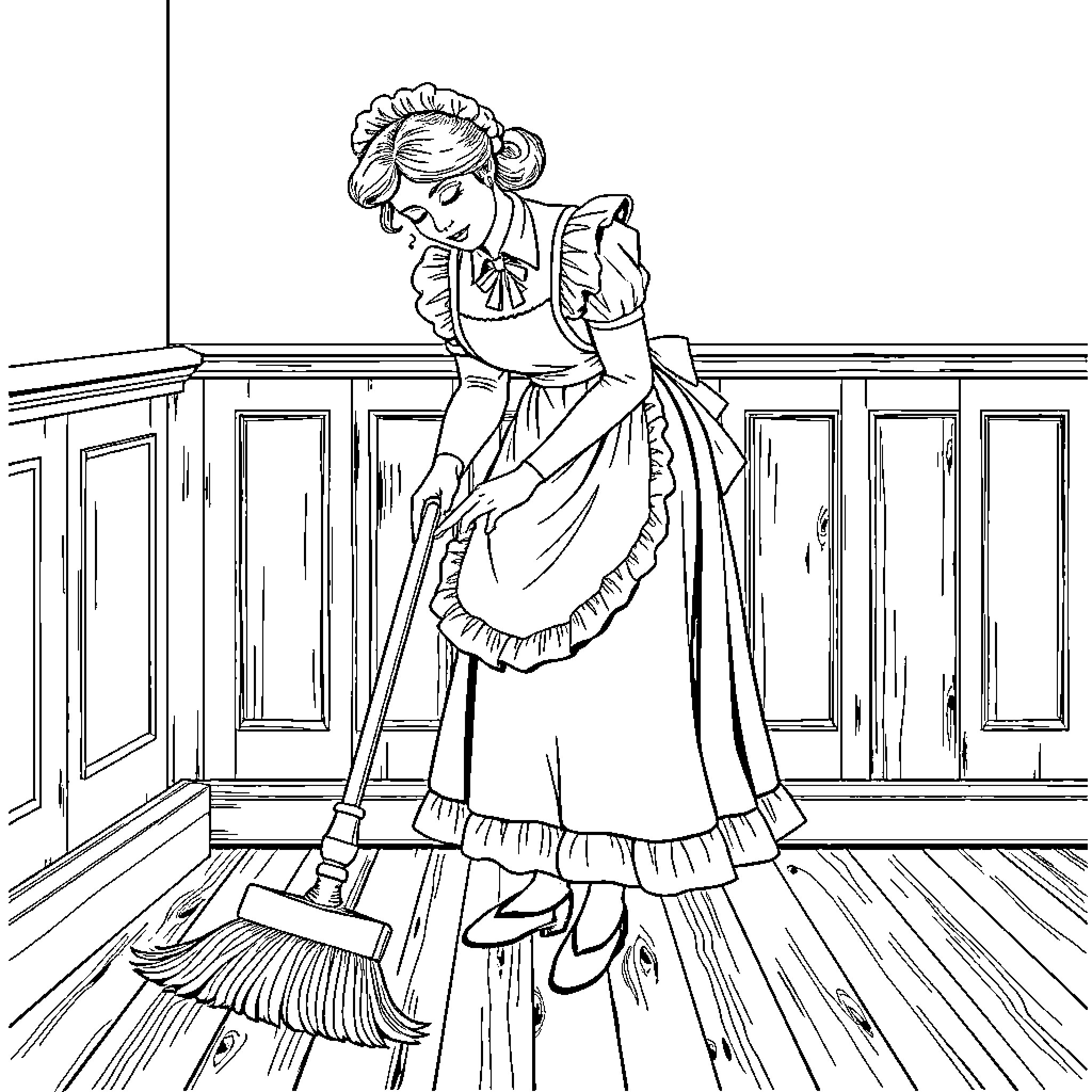 Maid sweeping the floor diligently in a vintage setting Coloring Page (free black-and-white line drawing printable PDF for all, from beginners to advanced learners, including children, teens, adults, and seniors)