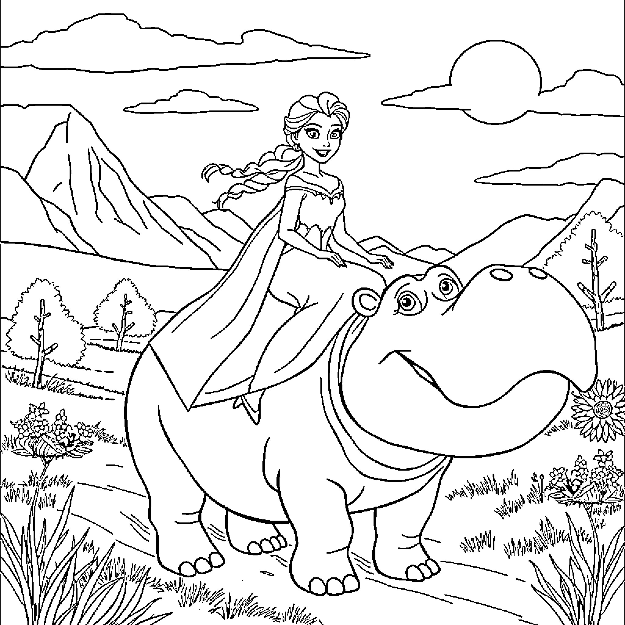Elsa rides a friendly dinosaur through the mountains Coloring Page (free black-and-white line drawing printable PDF for all, from beginners to advanced learners, including children, teens, adults, and seniors)