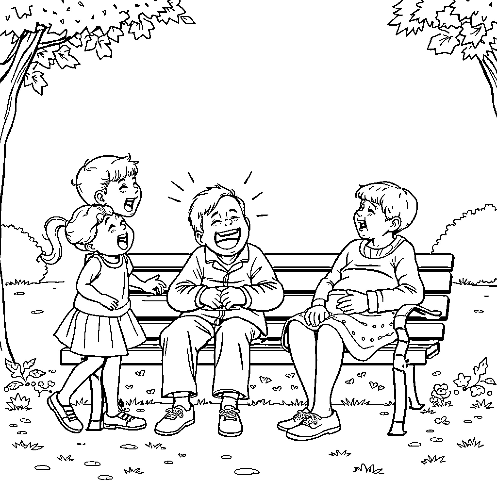 Children playing and laughing on a park bench Coloring Page (free black-and-white line drawing printable PDF for all, from beginners to advanced learners, including children, teens, adults, and seniors)