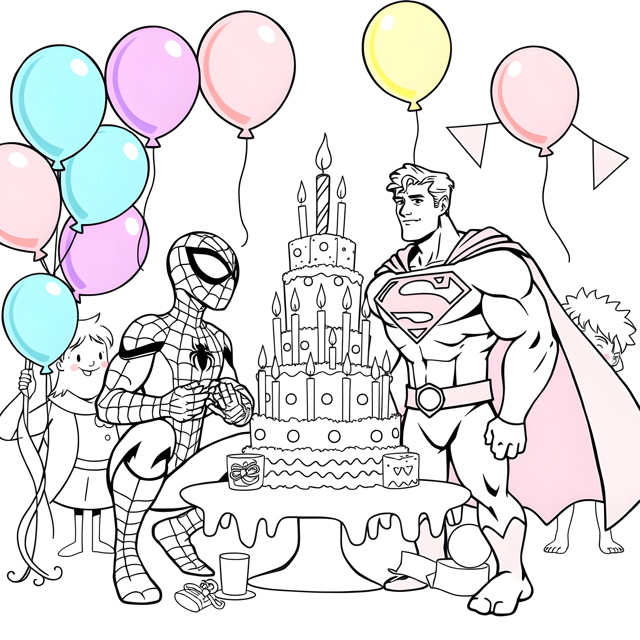 Spiderman and Superman celebrating a birthday party Coloring Page (free black-and-white line drawing printable PDF for all, from beginners to advanced learners, including children, teens, adults, and seniors)