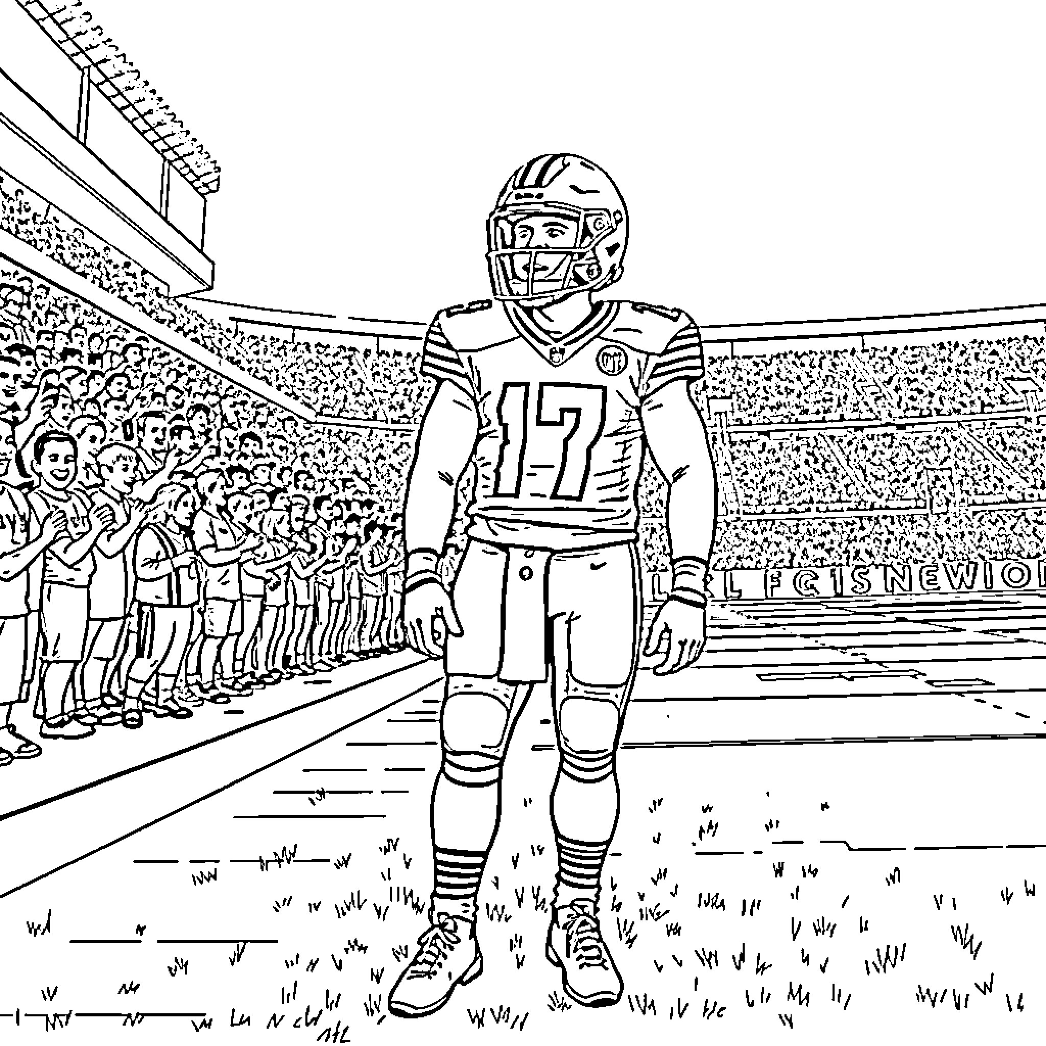 Baker Mayfield preparing for the game on the field Coloring Page (free black-and-white line drawing printable PDF for all, from beginners to advanced learners, including children, teens, adults, and seniors)