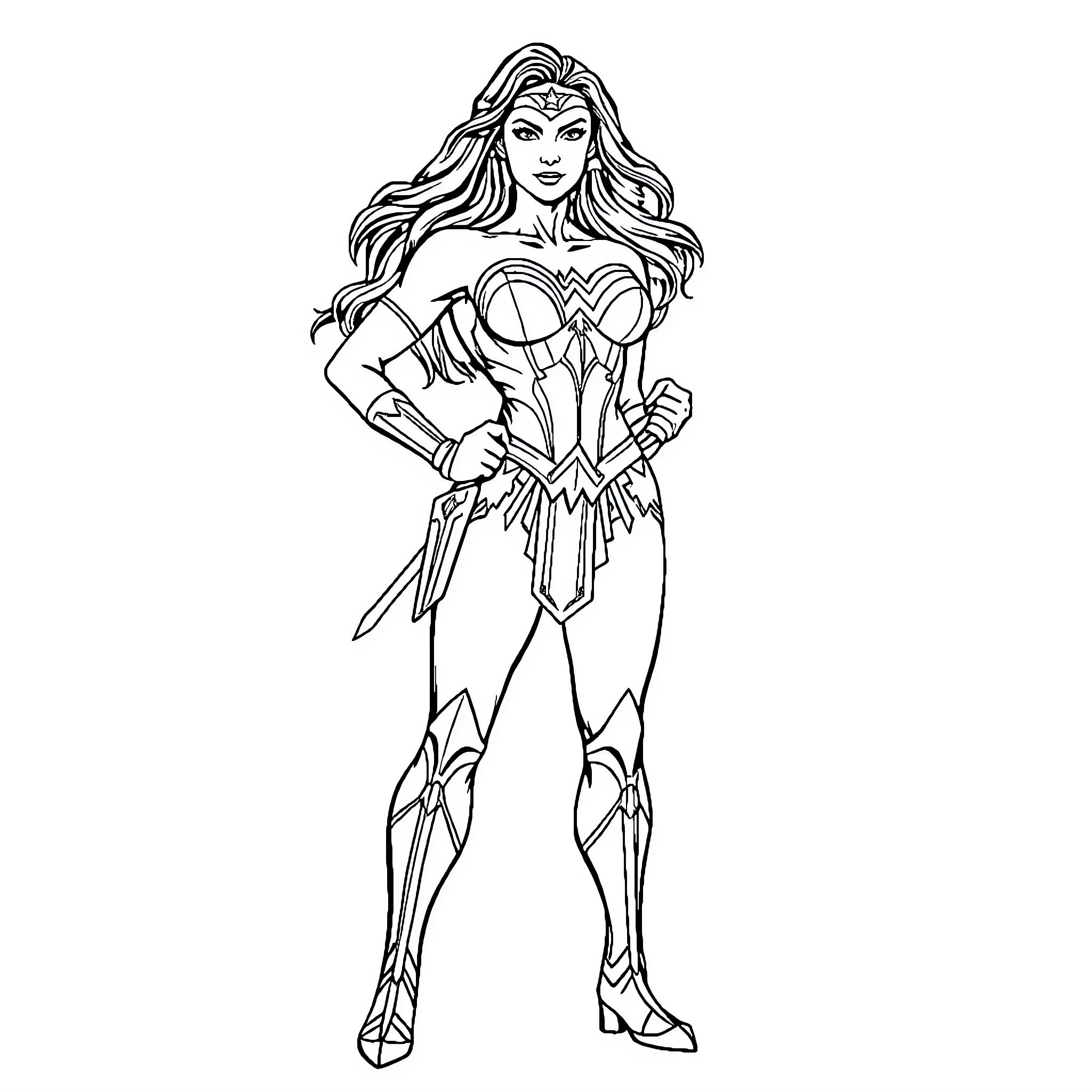 Wonder Woman in heroic action pose Coloring Page (free black-and-white line drawing printable PDF for all, from beginners to advanced learners, including children, teens, adults, and seniors)