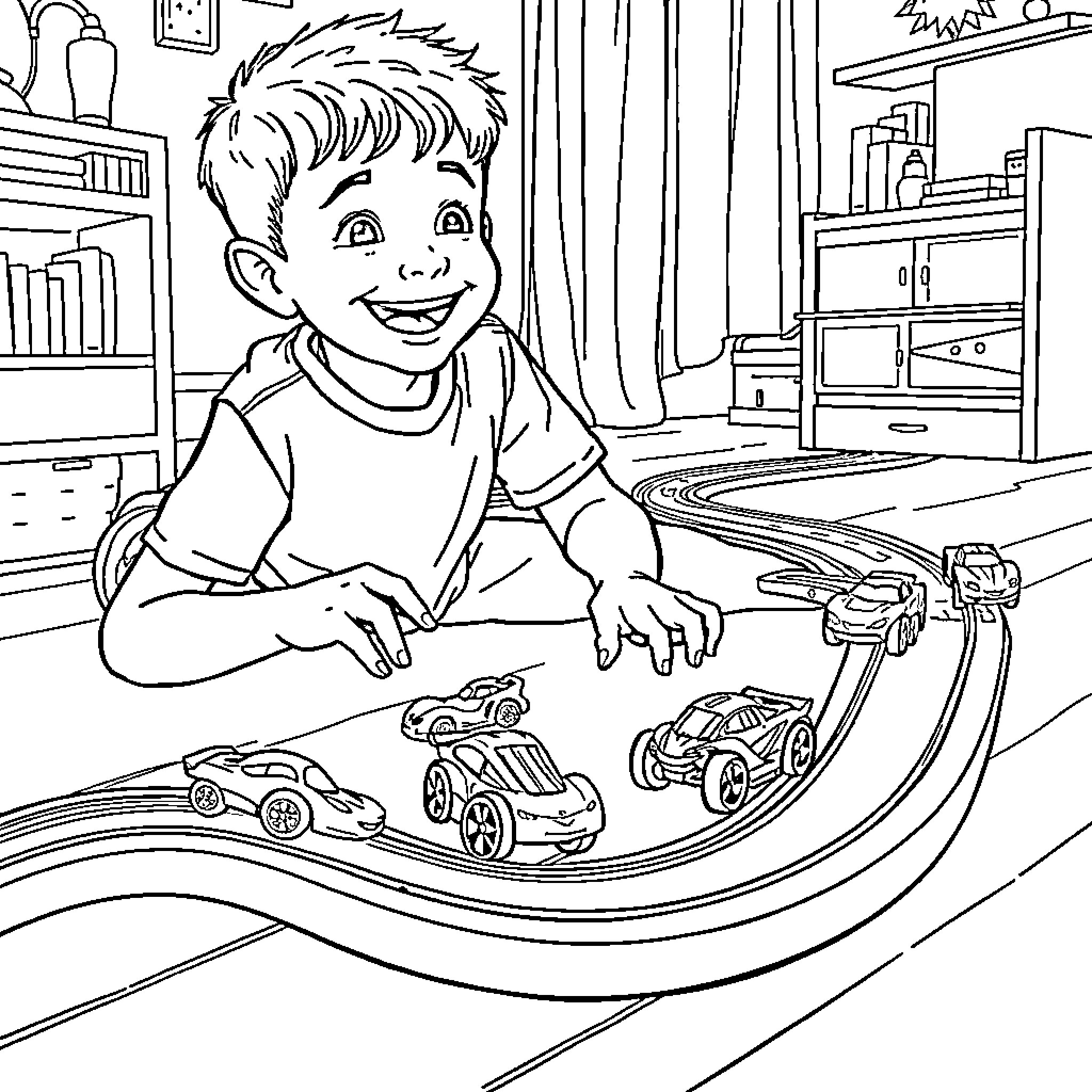 Boy playing happily with toy cars in room Coloring Page (free black-and-white line drawing printable PDF for all, from beginners to advanced learners, including children, teens, adults, and seniors)
